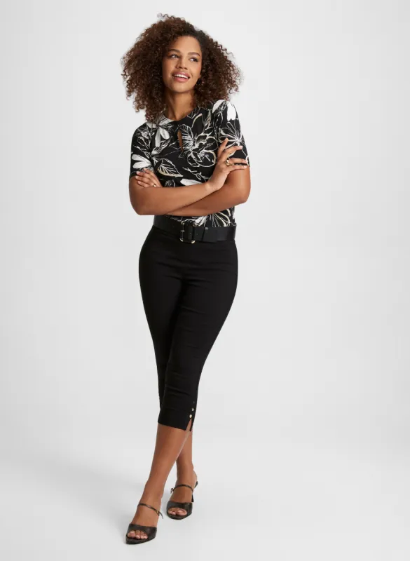Leaf Print Peplum Top & Decorative Buttons Pull On Jeans sold by Laura