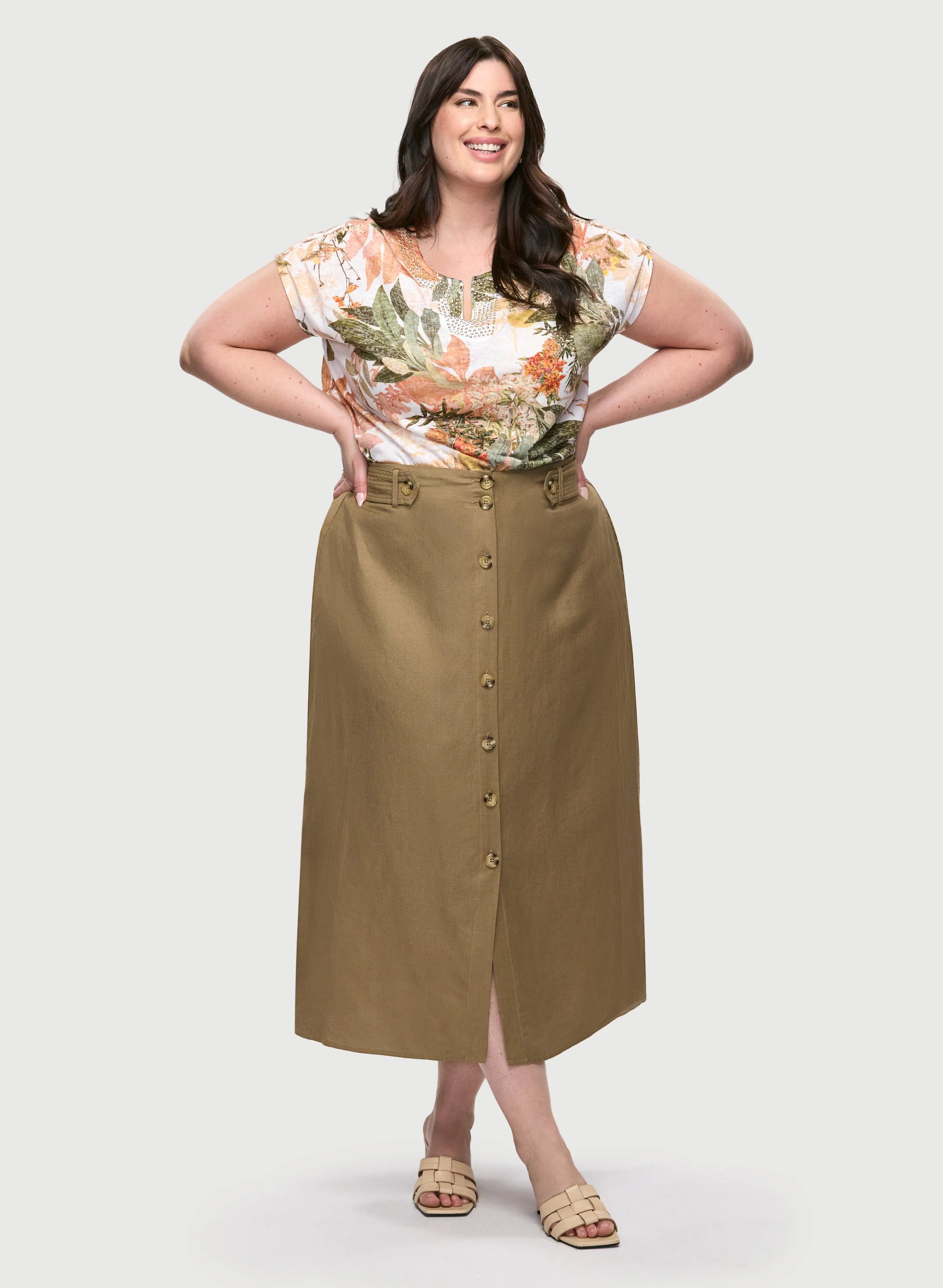 Embellished Floral Burnout T-Shirt & Linen-Blend Midi Skirt sold by Laura