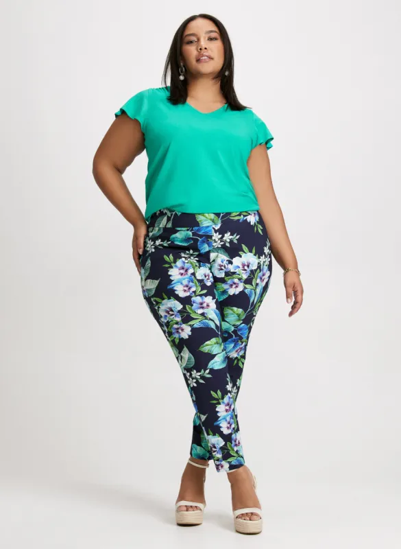 Ruched Detail Cap Sleeve T-Shirt & Pull-On Floral Ankle Pants sold by Laura