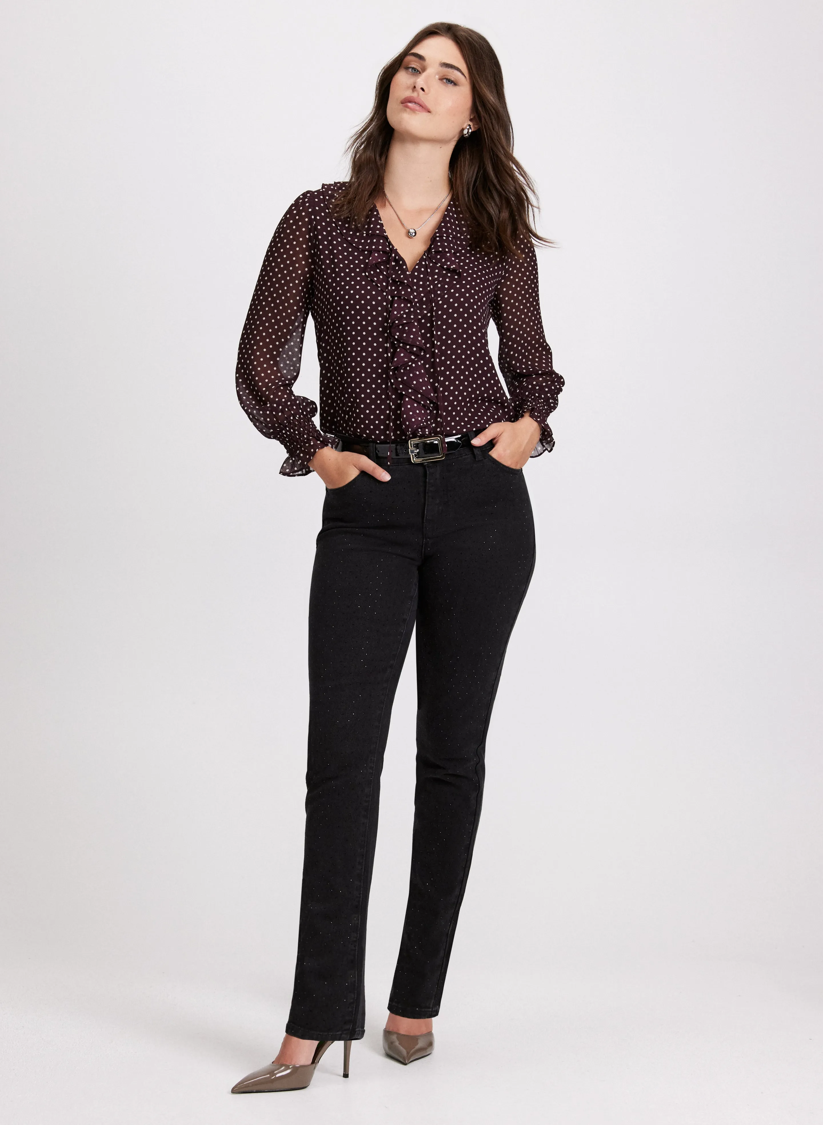 Polka Dot Ruffled Blouse & Rhinestone Straight Leg Jeans sold by Laura