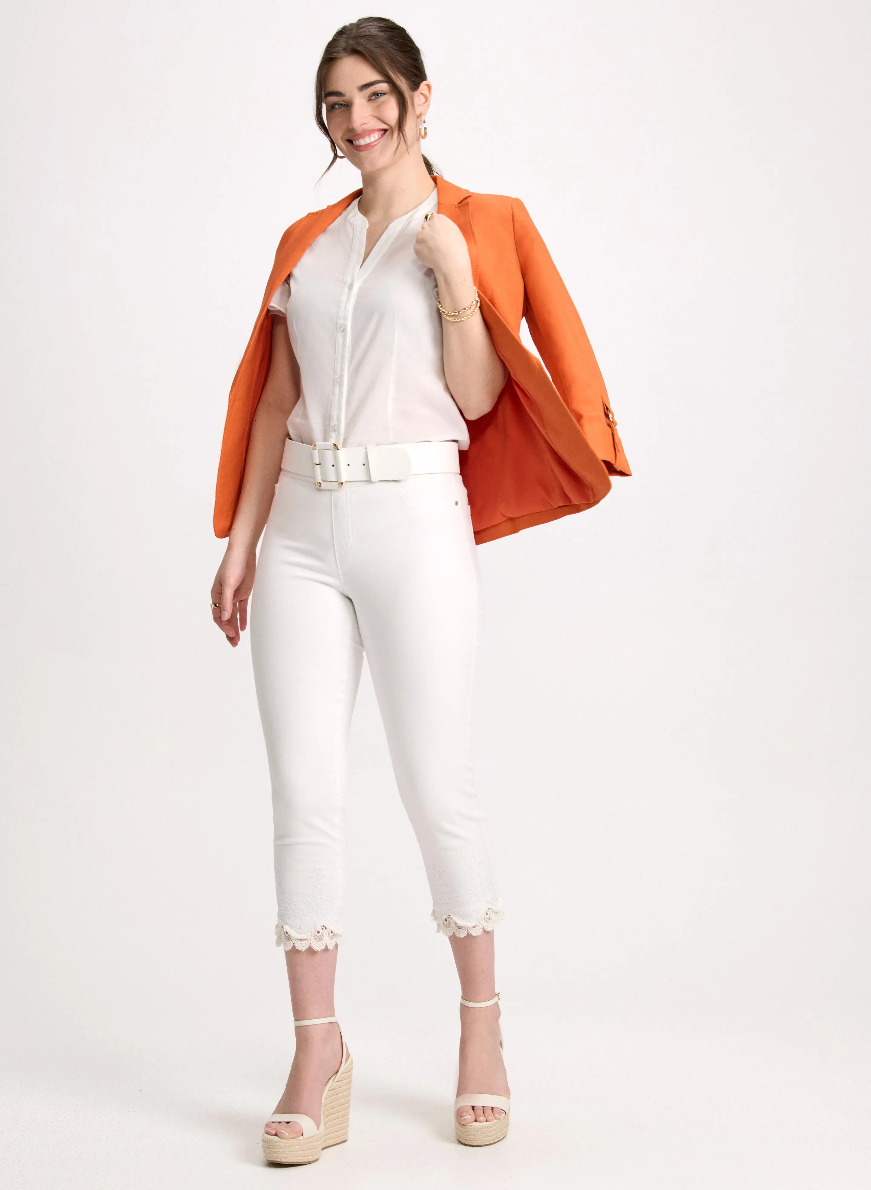 Tab Sleeve Linen Blazer & Embroidered Hem Capri Jeans sold by Laura