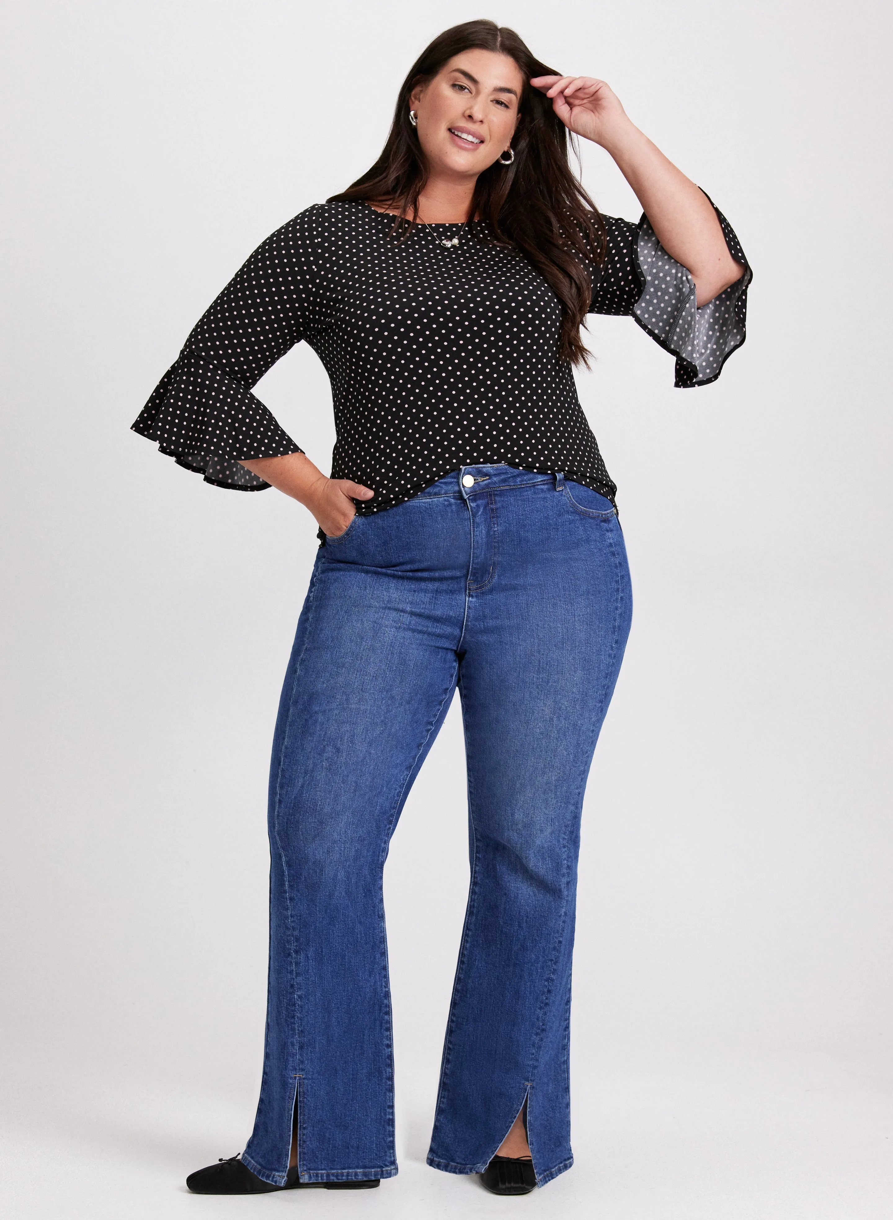 Polka Dot Flutter Sleeve Top & Flared Leg Jeans sold by Laura