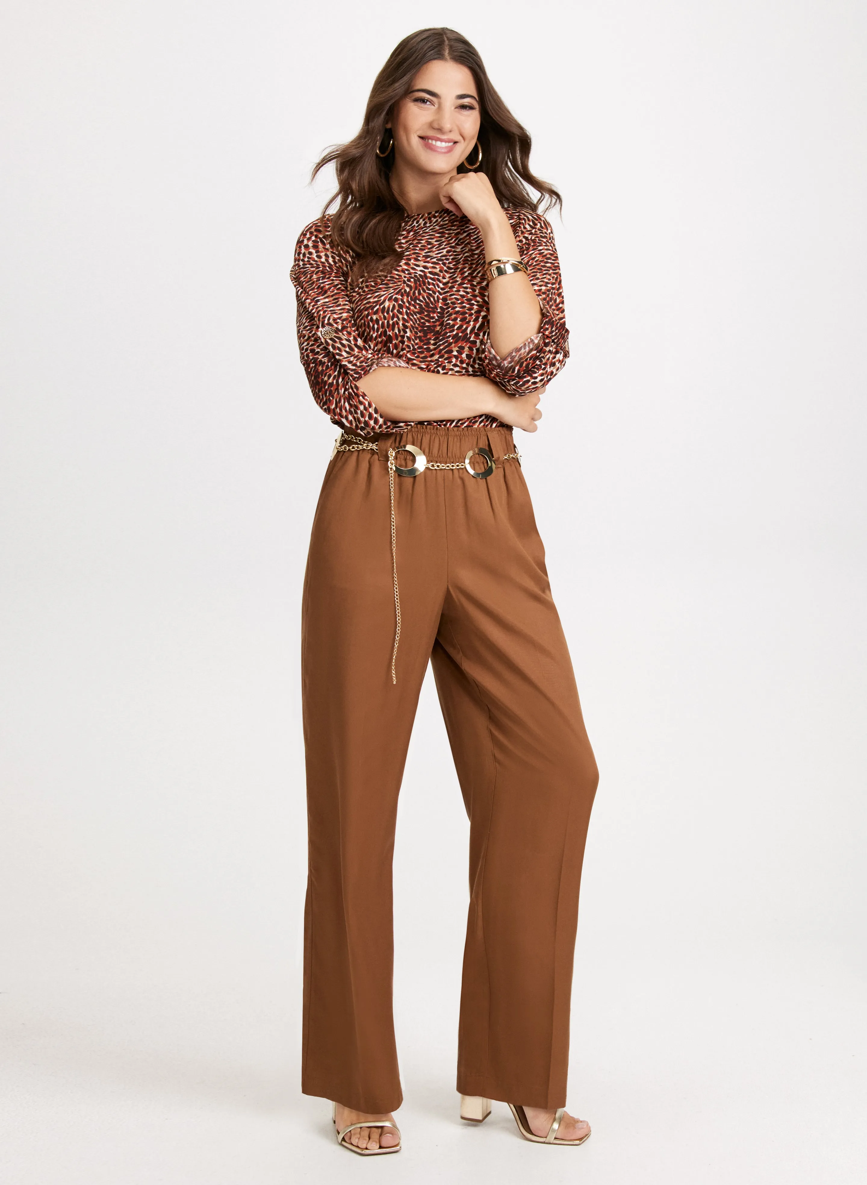 Animal Print Boat Neck Top & Wide Leg Tencel Pants sold by Laura