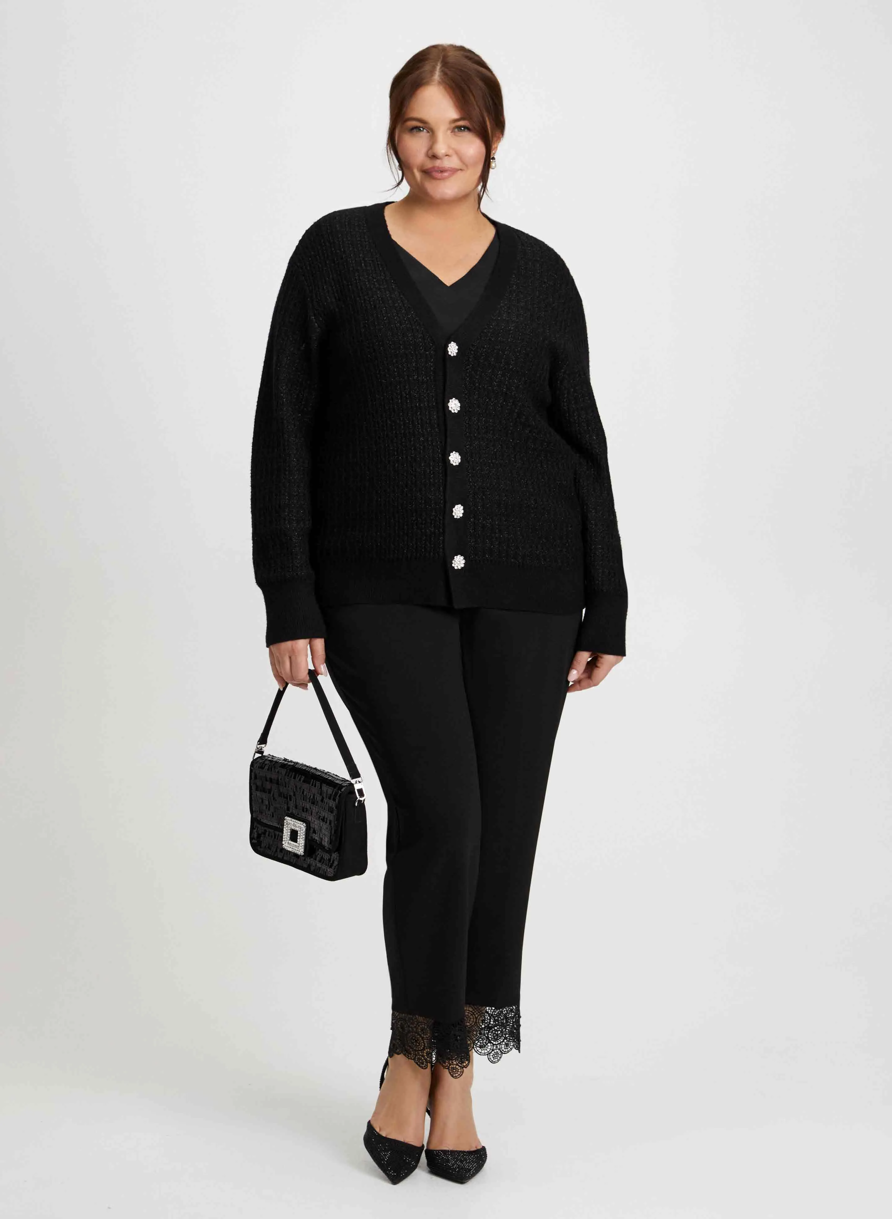 Jewel Button Cardigan & Lace Trim Pants sold by Laura