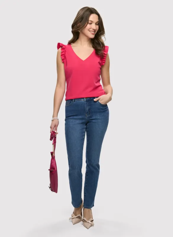 Ruffle Cap Sleeve Top & Essential Straight Leg Jeans sold by Laura