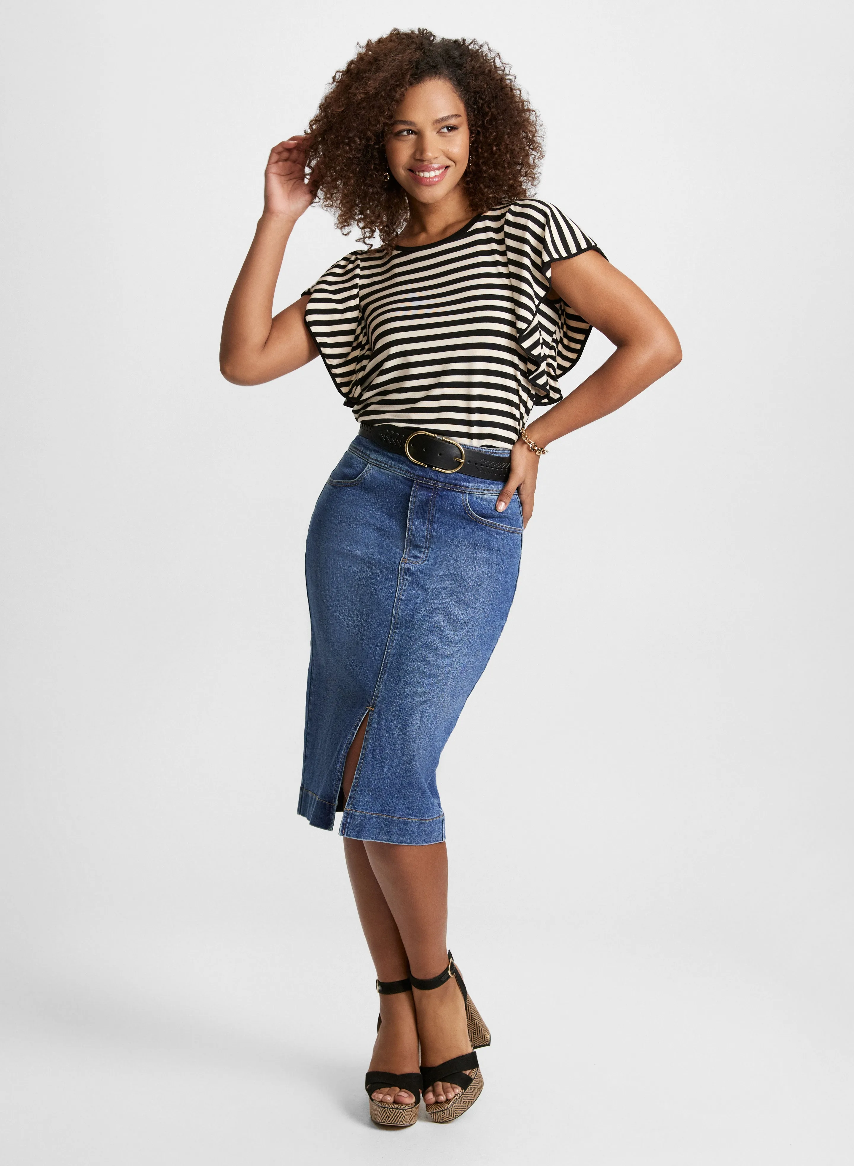 Striped Ruffle T-Shirt & Slit-Hem Denim Skirt sold by Laura