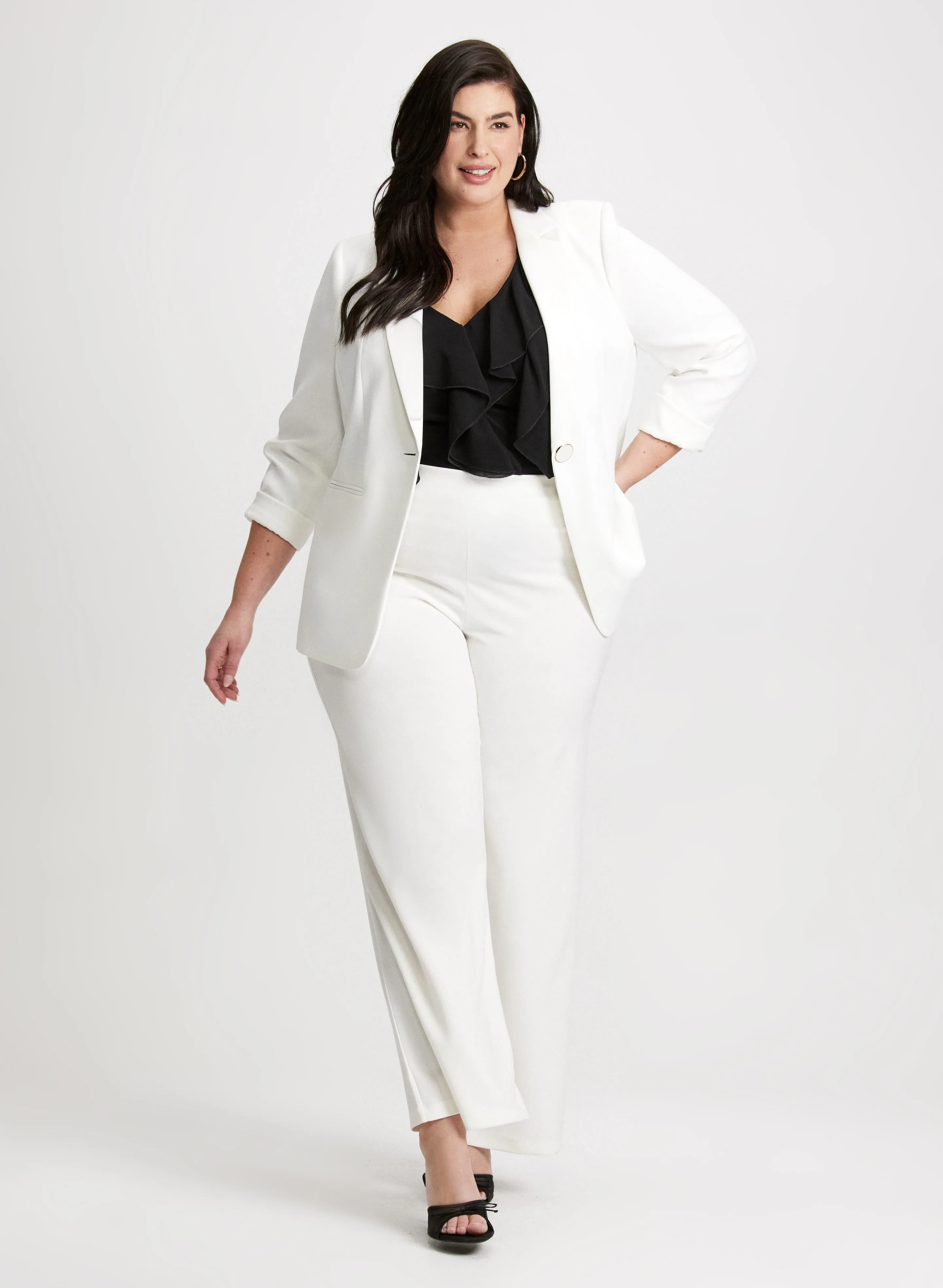 Single Button Blazer, Sleeveless Ruffle Top & Flared Pull-On Pants sold by Laura