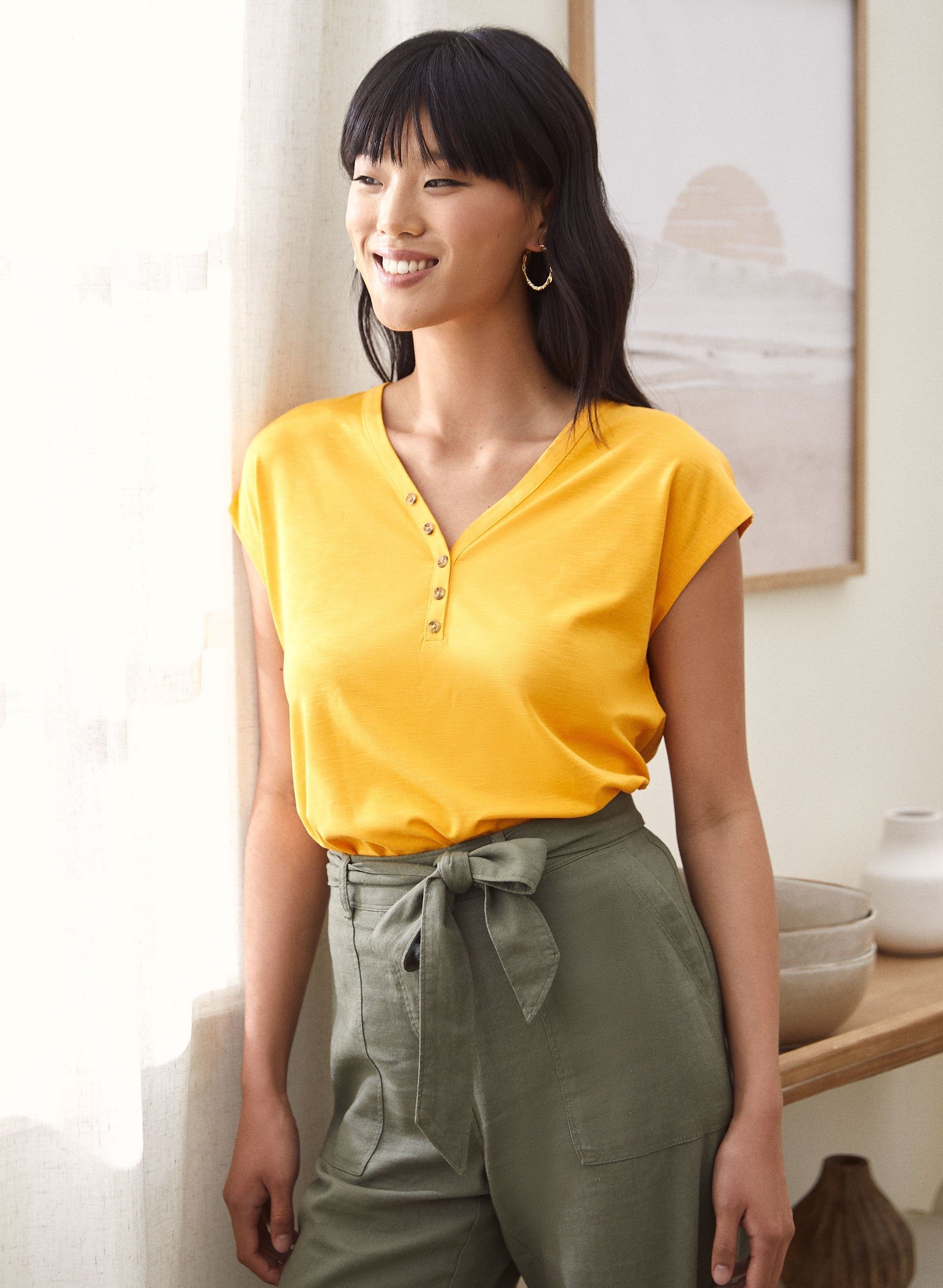 Drop Shoulder Henley Tee sold by Laura