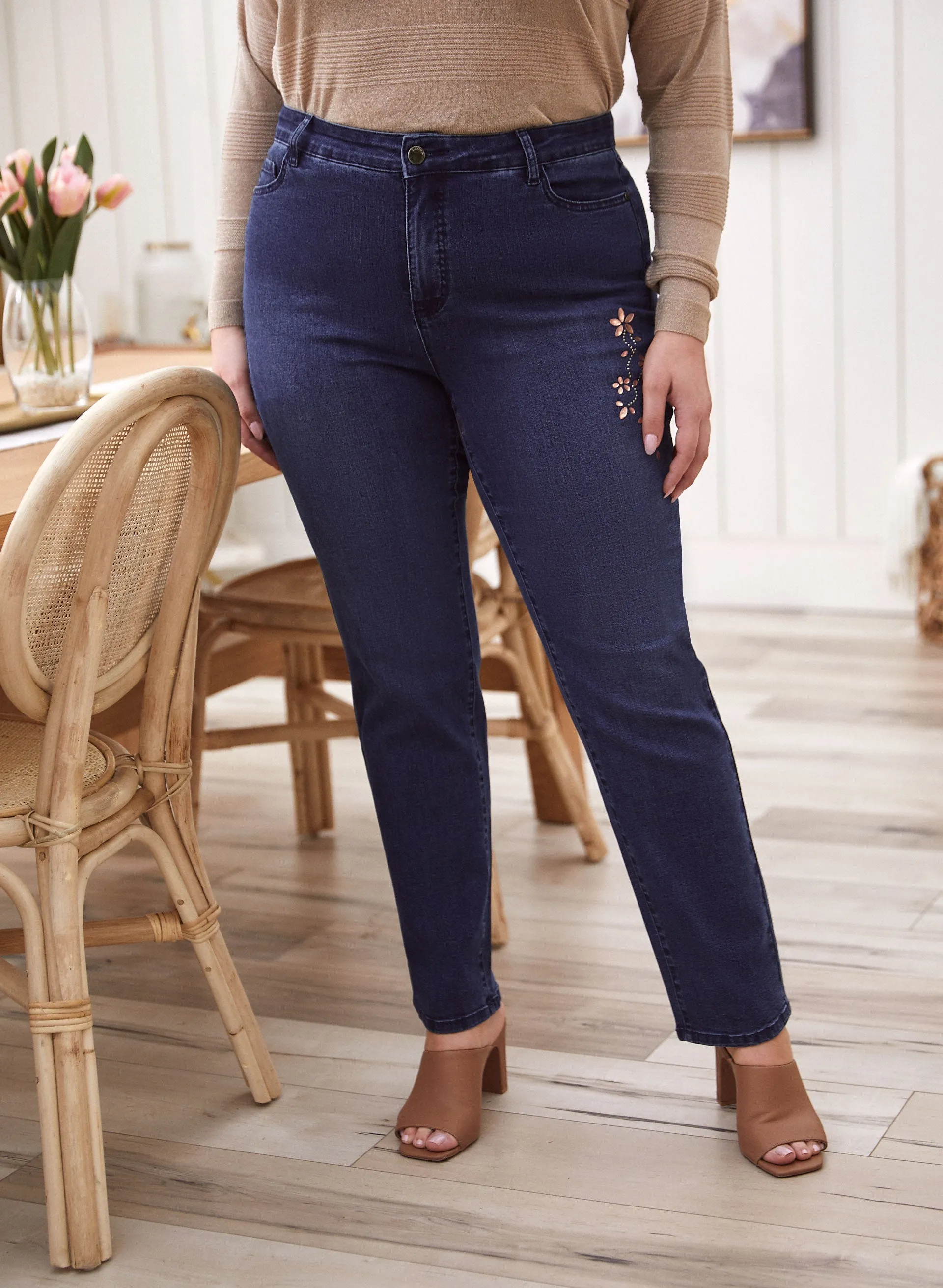 Rhinestone Detail Straight Leg Jeans sold by Laura