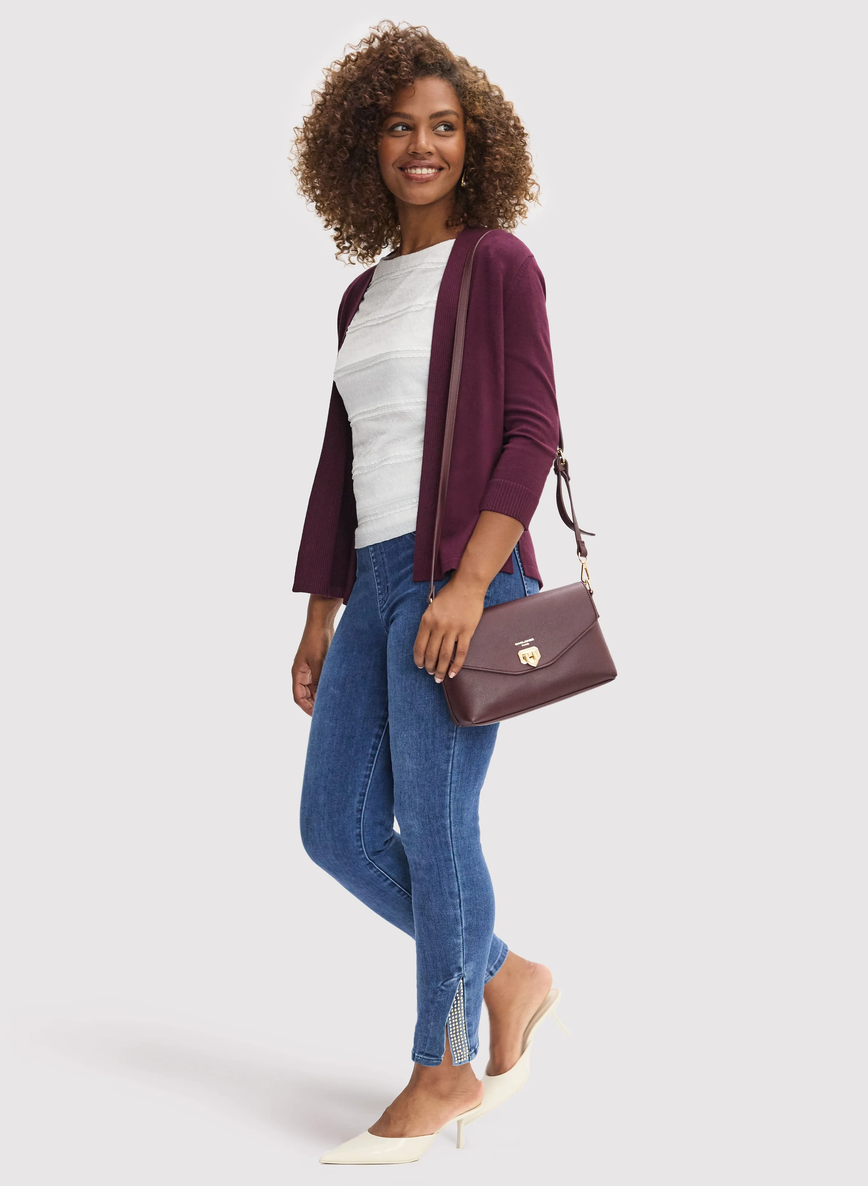 Pointelle Stitch Cardigan & Straight Leg Jeans sold by Laura
