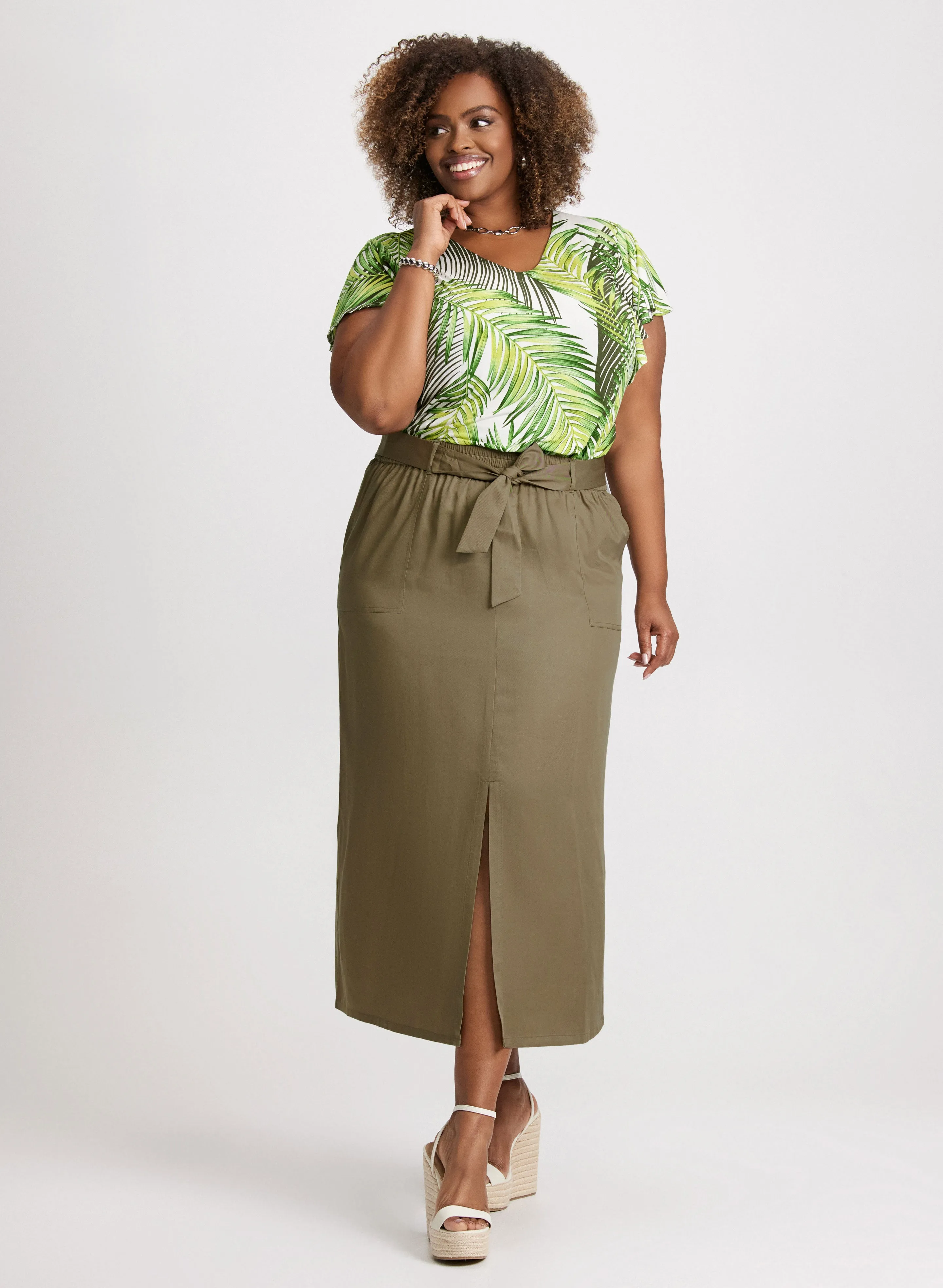 Leaf Print Ruffled Sleeve Top & Front Slit Midi Skirt sold by Laura