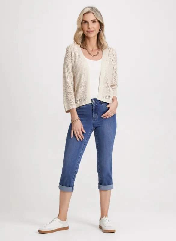Open-Knit Cardigan & Rolled-Cuff Denim Capris sold by Laura
