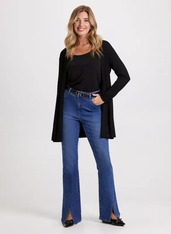 Open Front Top & Flared Slit Jeans sold by Laura