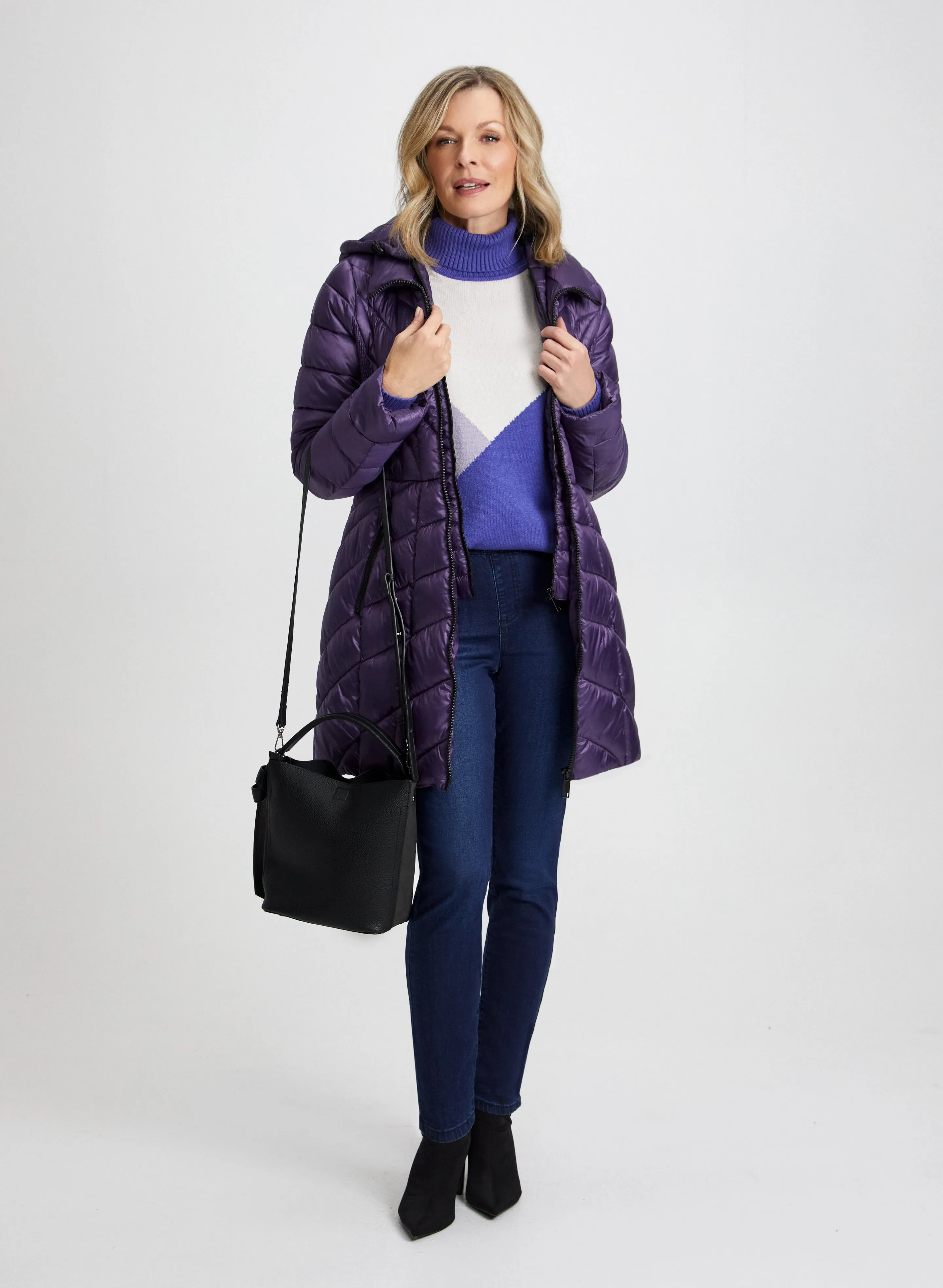 Quilted Coat, Colour Block Sweater & Jeans sold by Laura