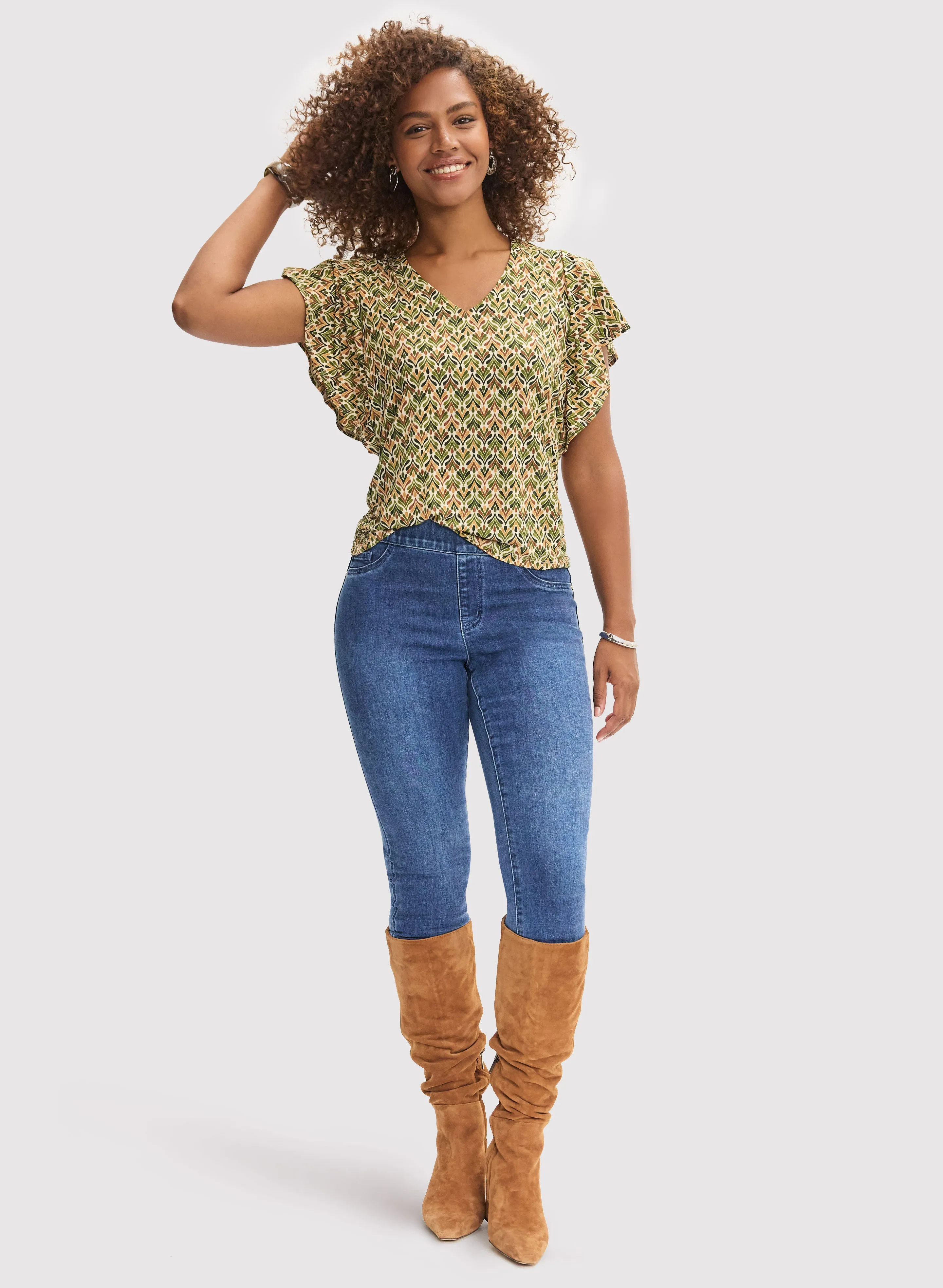 Geometric Print Top & Hem Slit Jeans sold by Laura