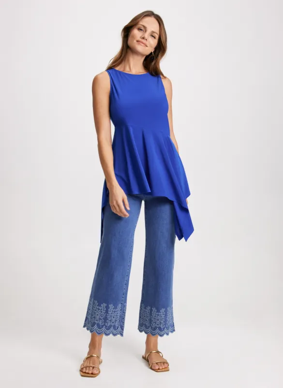 Sleeveless Asymmetric Hem Tunic & Embroidered Hem Capri Jeans sold by Laura