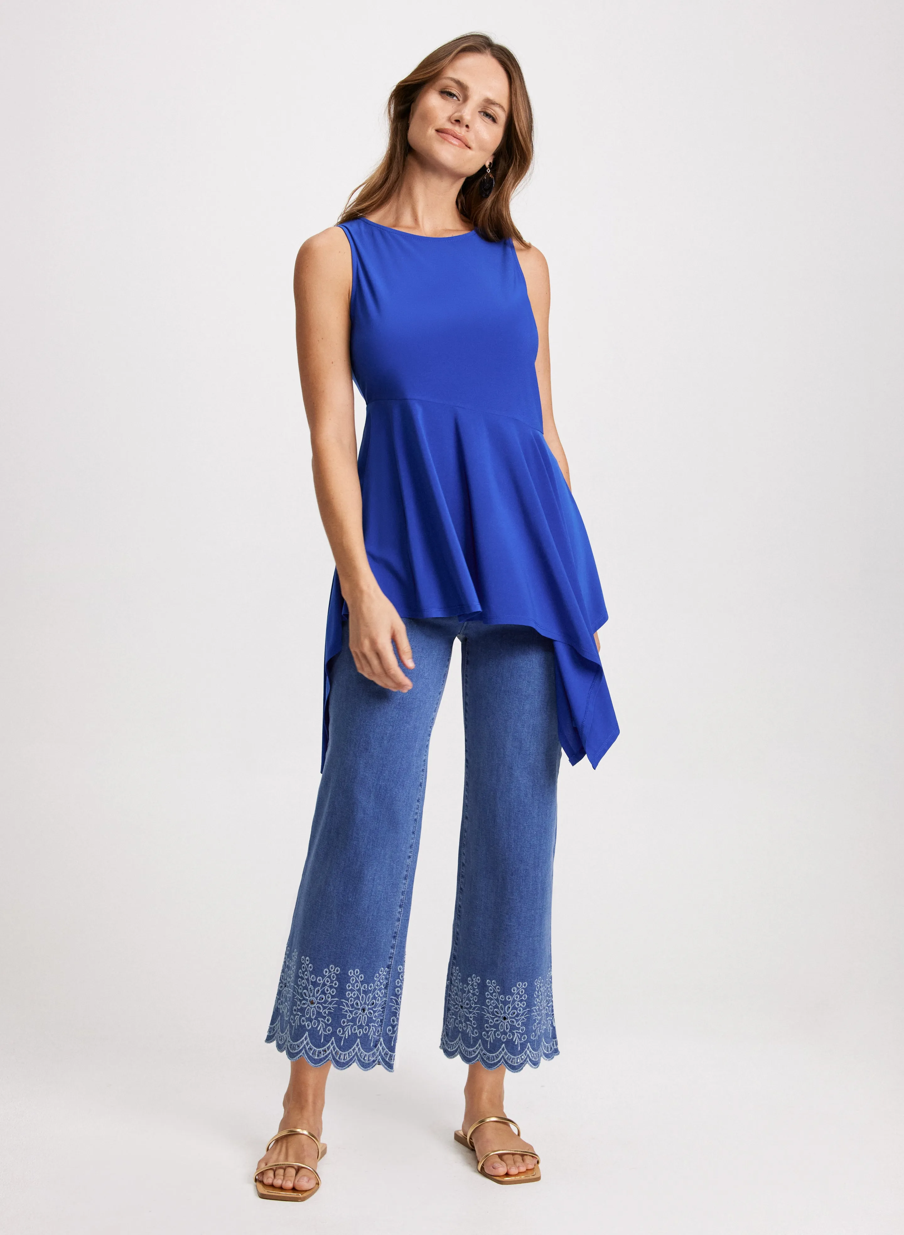 Sleeveless Asymmetric Hem Tunic & Embroidered Hem Capri Jeans sold by Laura