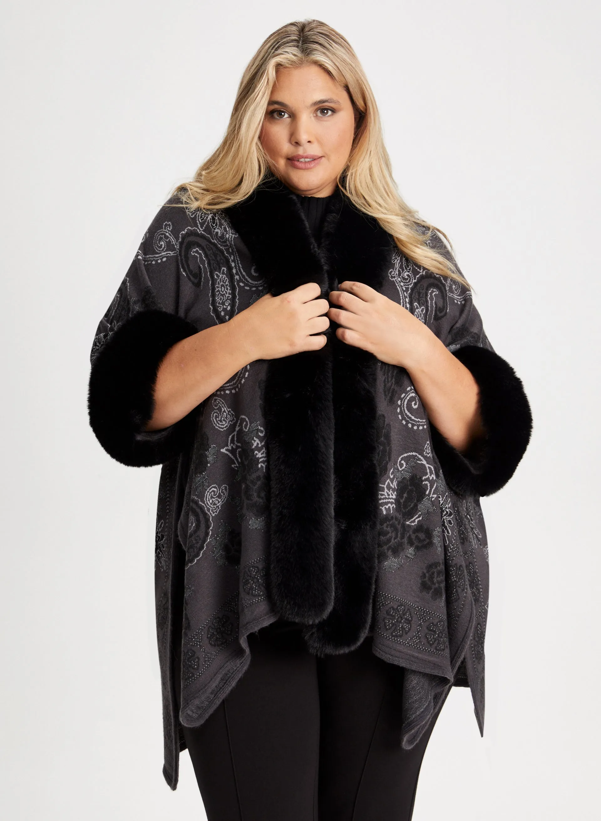 Paisley Print Faux Fur Poncho sold by Laura