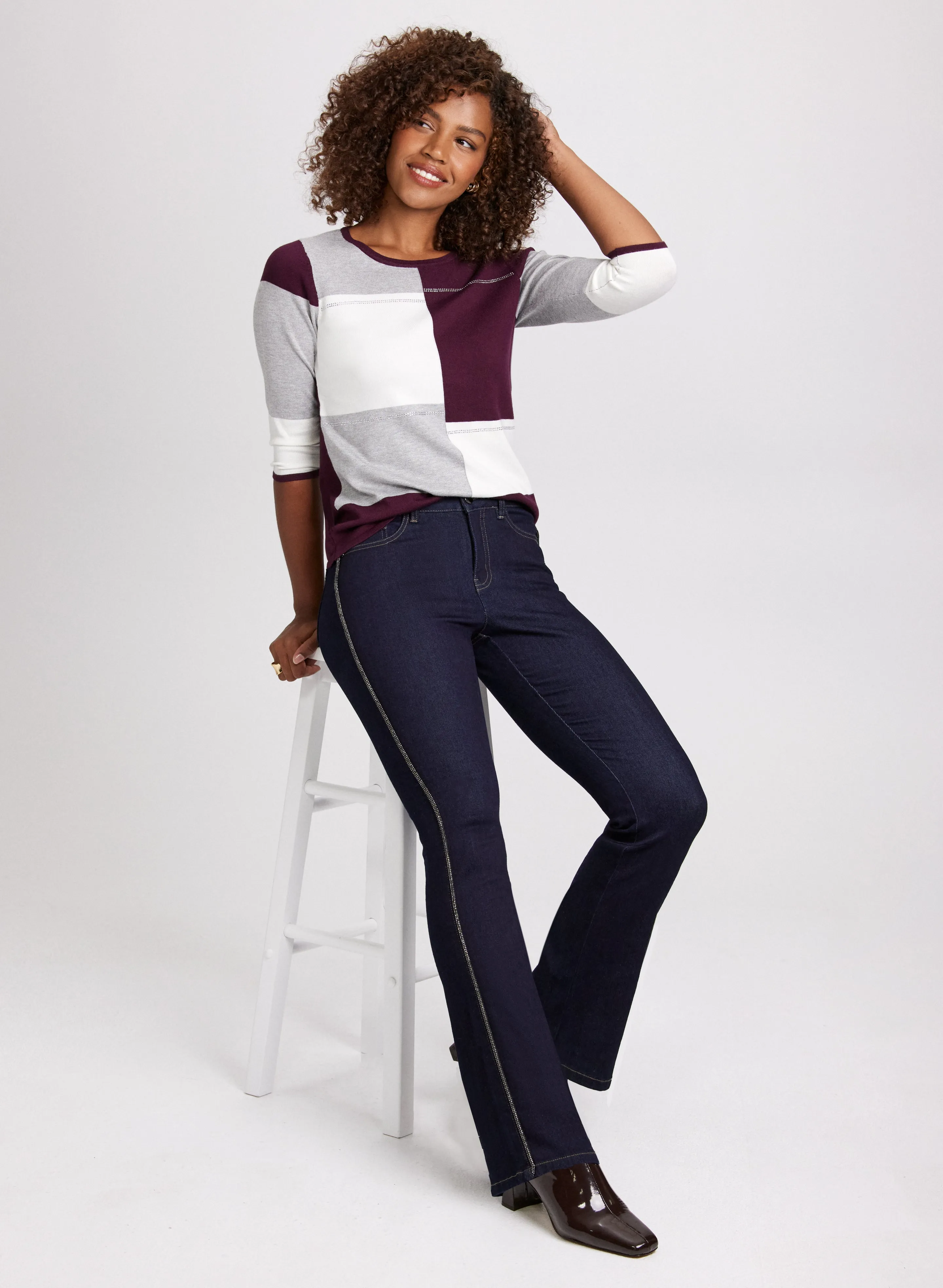 Colour Block Sweater & Beaded Detail Jeans sold by Laura