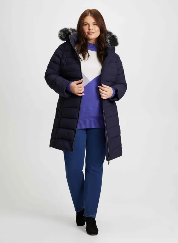 Vegan Down Coat, Colour Block Sweater & Jeans sold by Laura