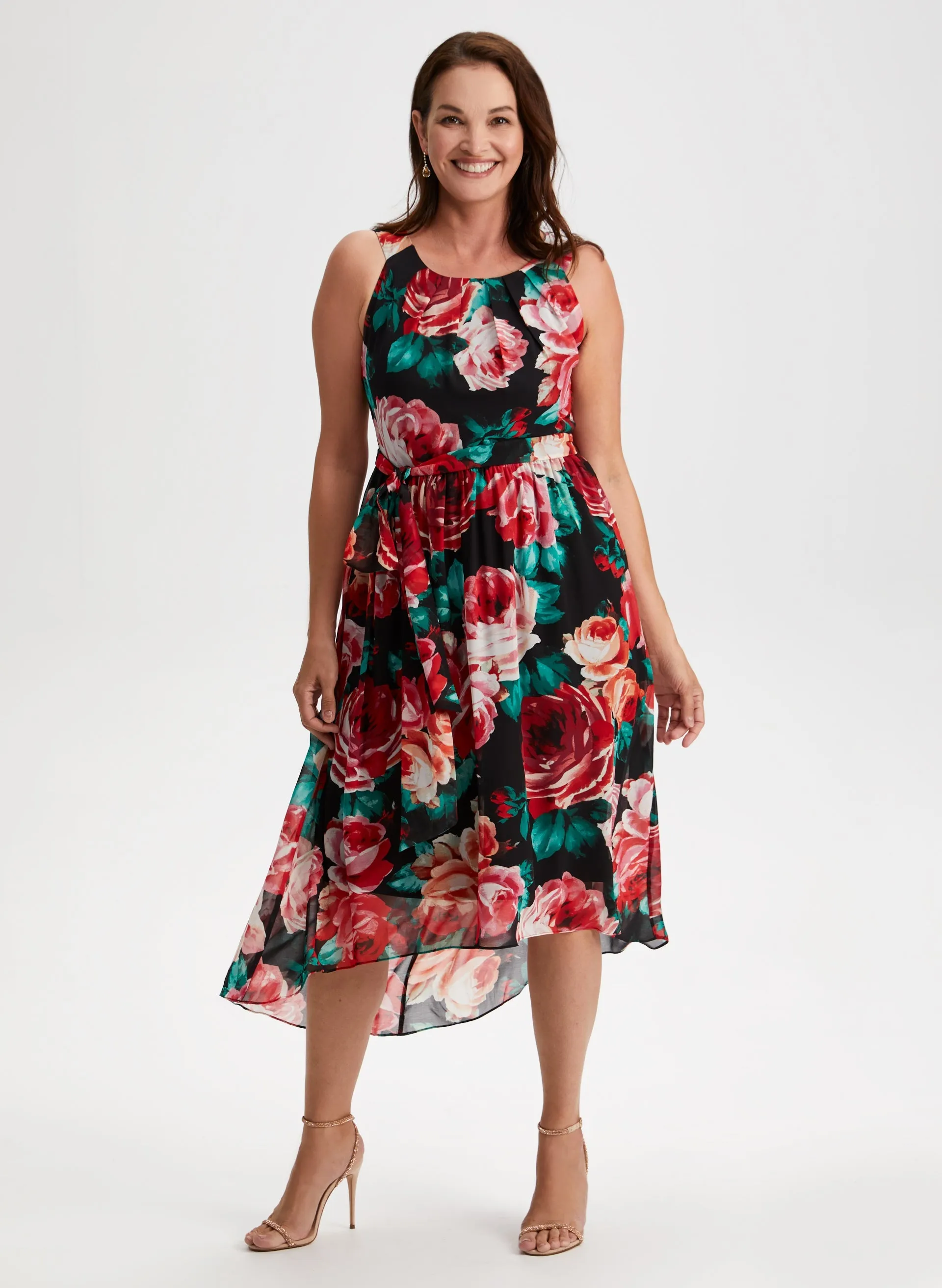 Rose Print High-Low Midi Dress sold by Laura