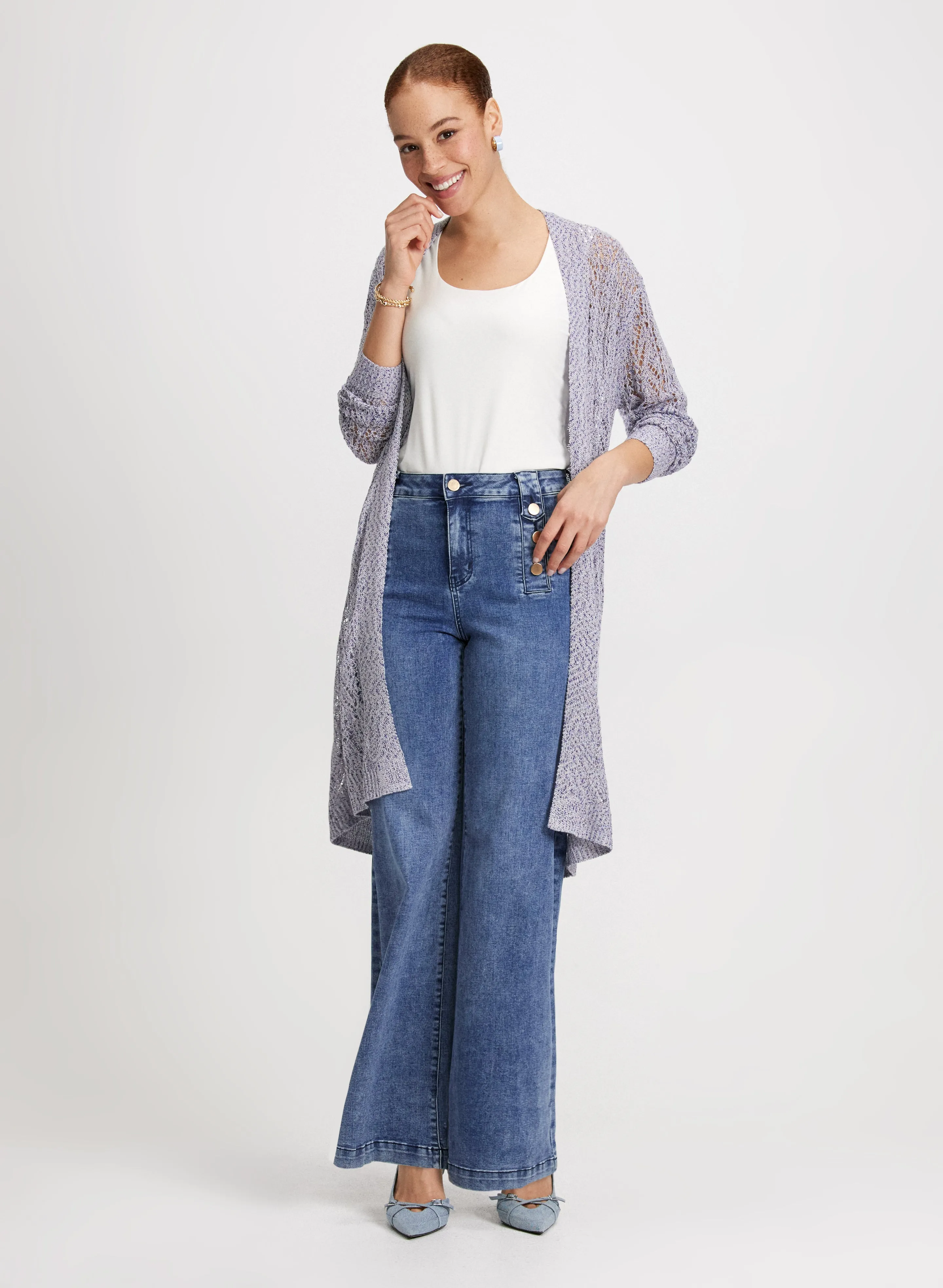 Textured Open-Knit Cardigan & Wide Leg Jeans sold by Laura