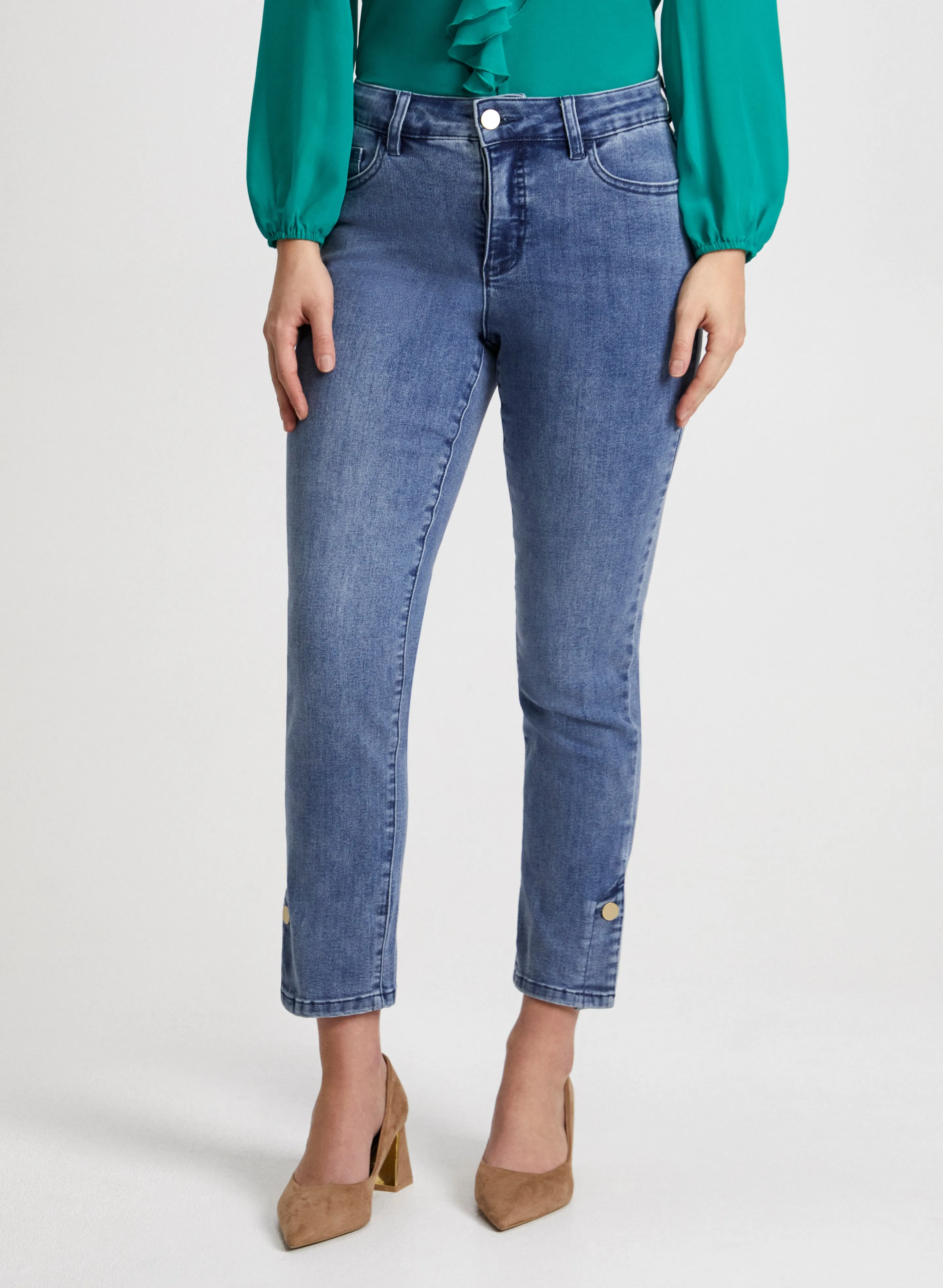 Button Hem Straight Leg Jeans sold by Laura