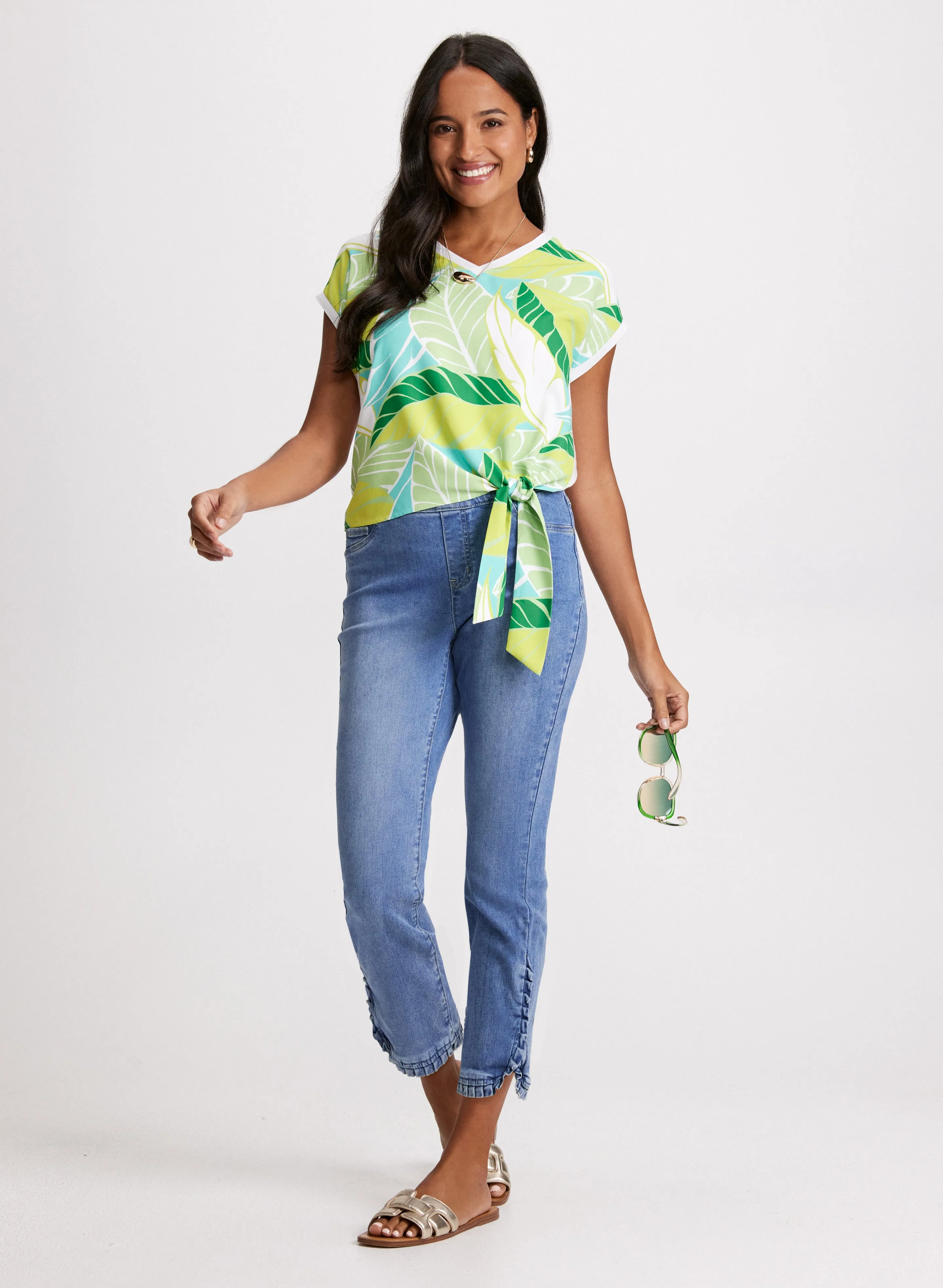 Leaf Print Top & Ruffle Denim Capris sold by Laura