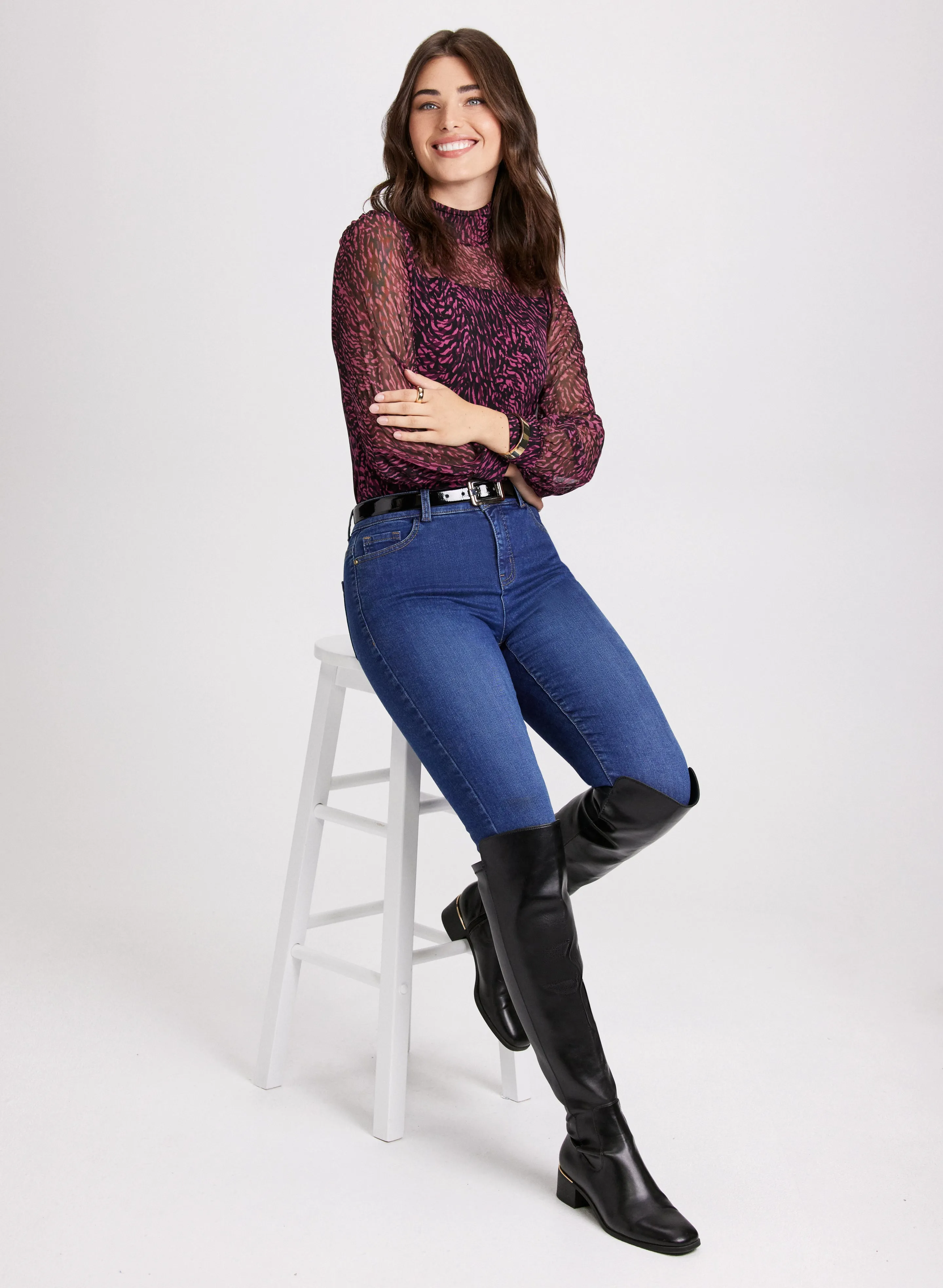 Animal Print Mesh Top & Slim Leg Jeans sold by Laura