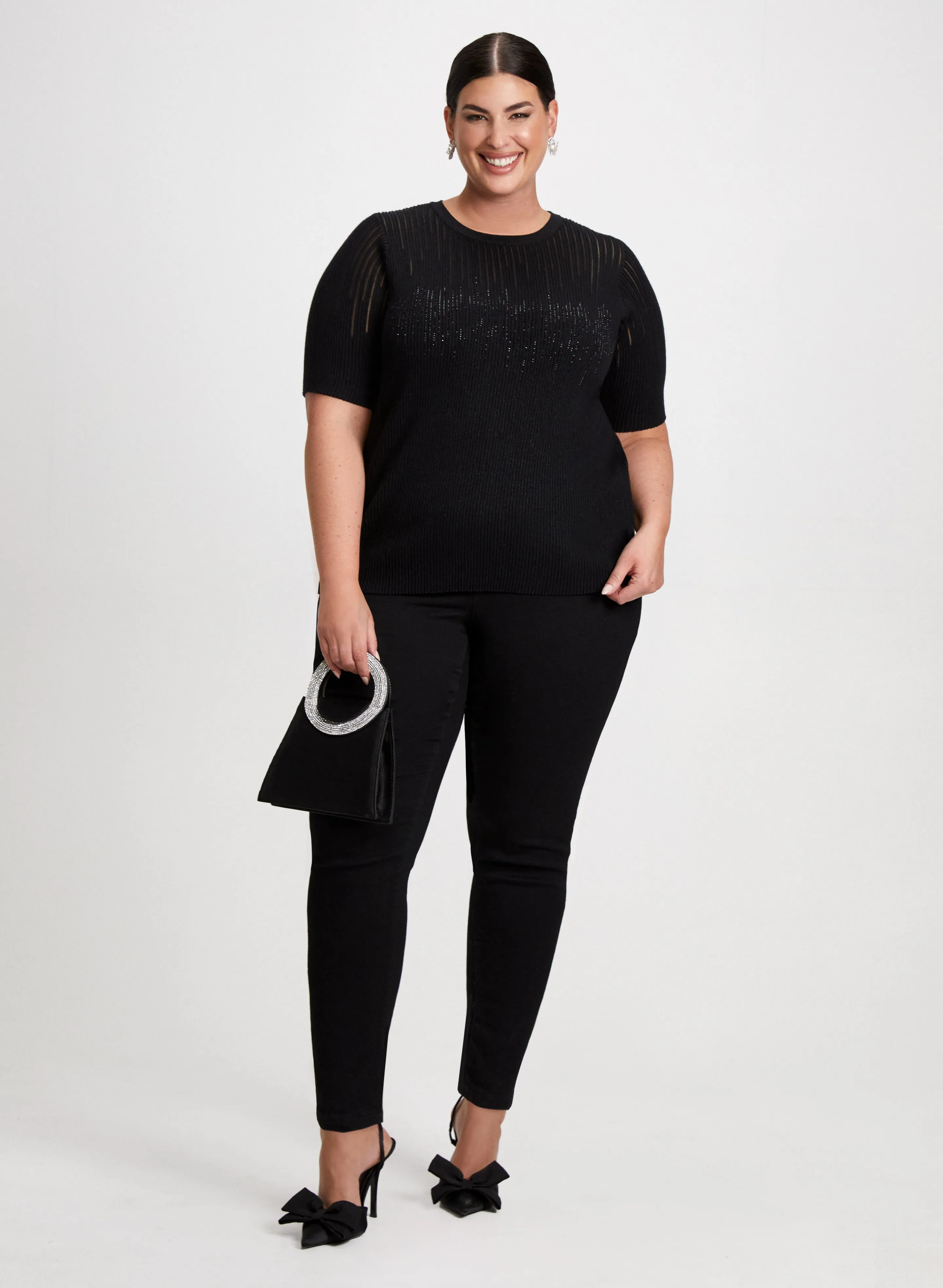 Rhinestone Motif Sweater & Crystal Handle Clutch sold by Laura