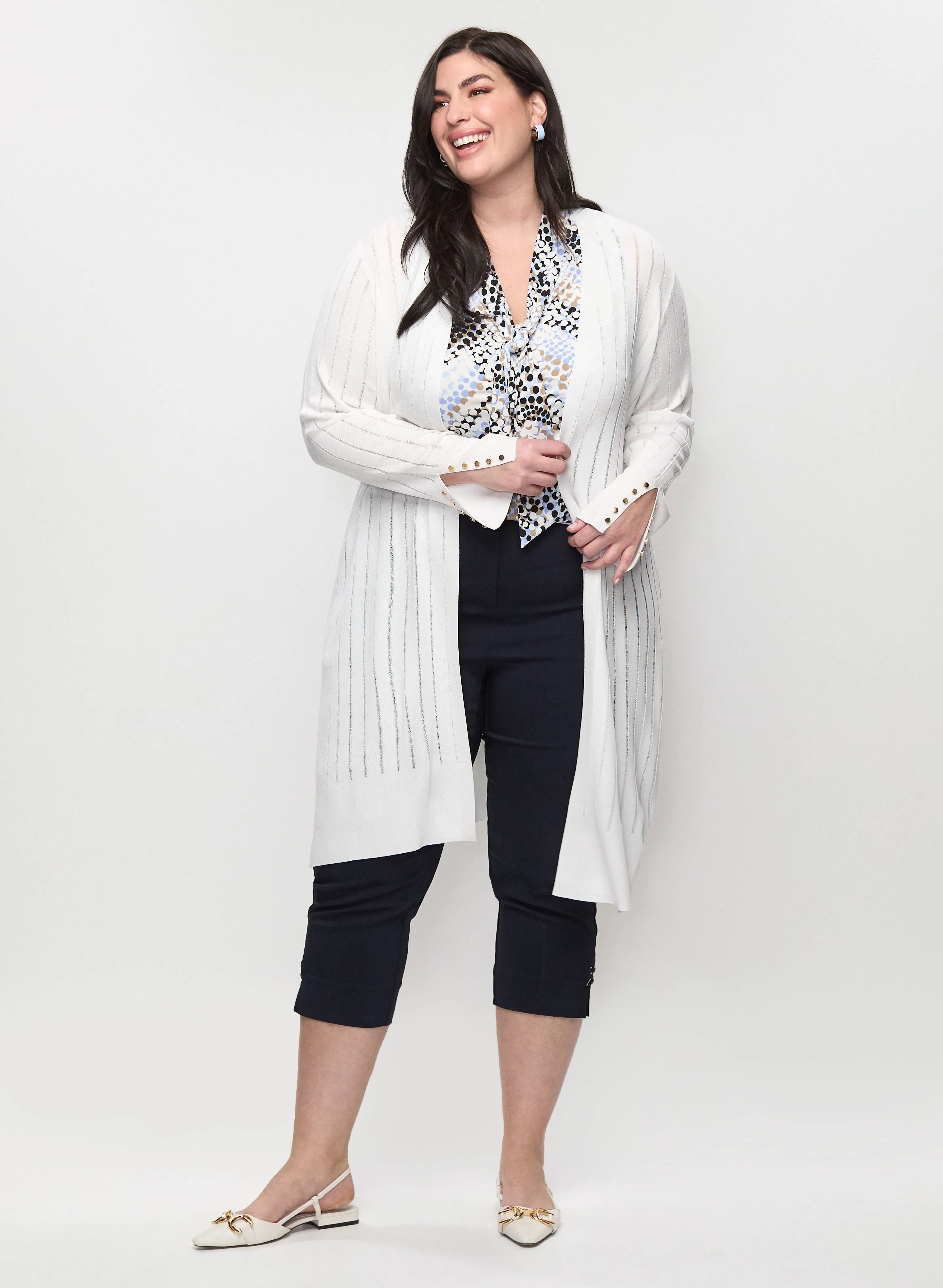 Split Cuff Pointelle Knit Cardigan & Signature Fit Bengaline Capris sold by Laura