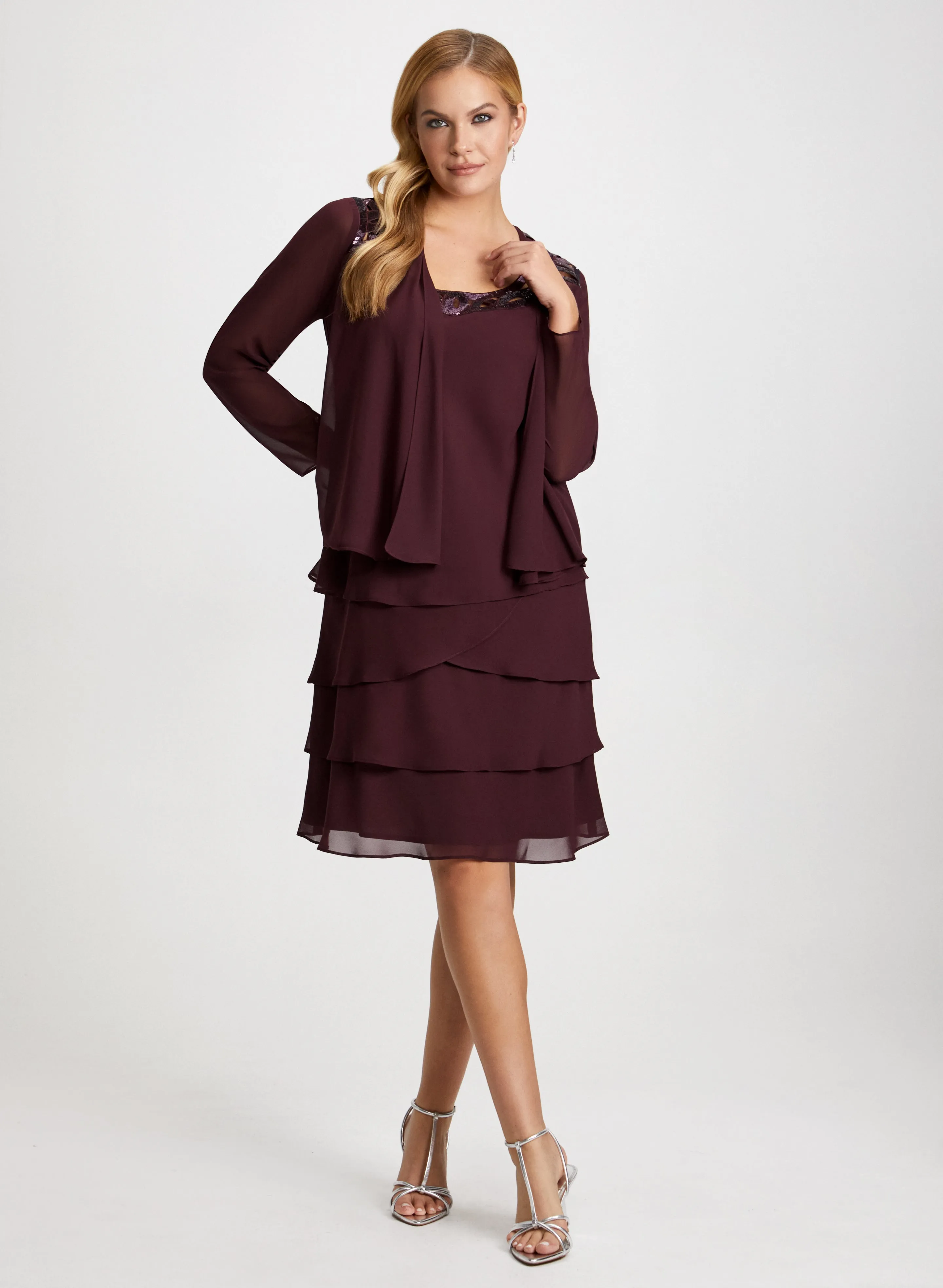 Sequin Trim Chiffon Dress & Jacket Set sold by Laura