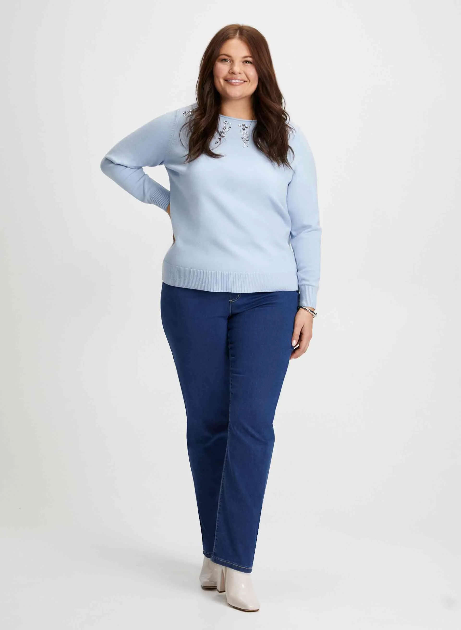Rhinestone Detail Sweater & Straight Leg Jeans sold by Laura