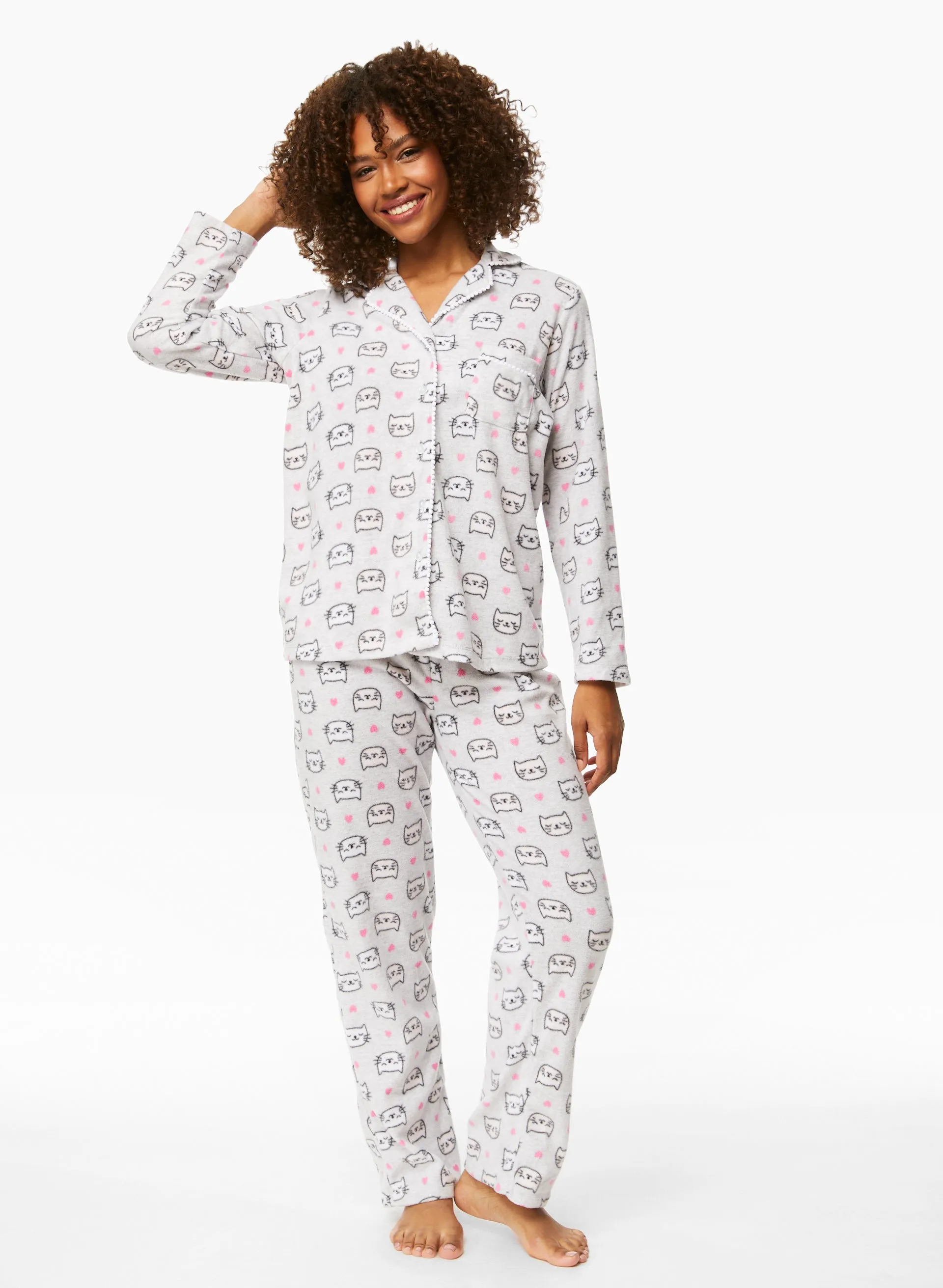 Heart & Cat Print Pyjama Set sold by Laura