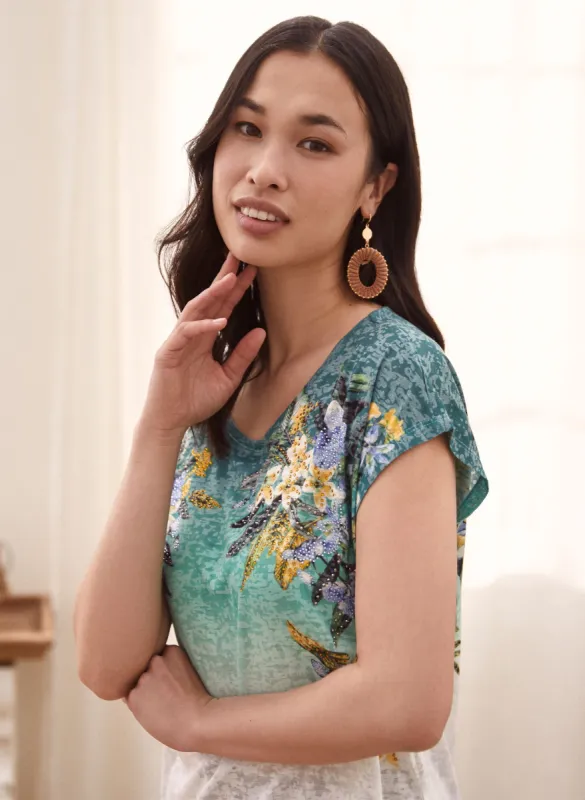 Ombré Floral Print Burnout Tee sold by Laura