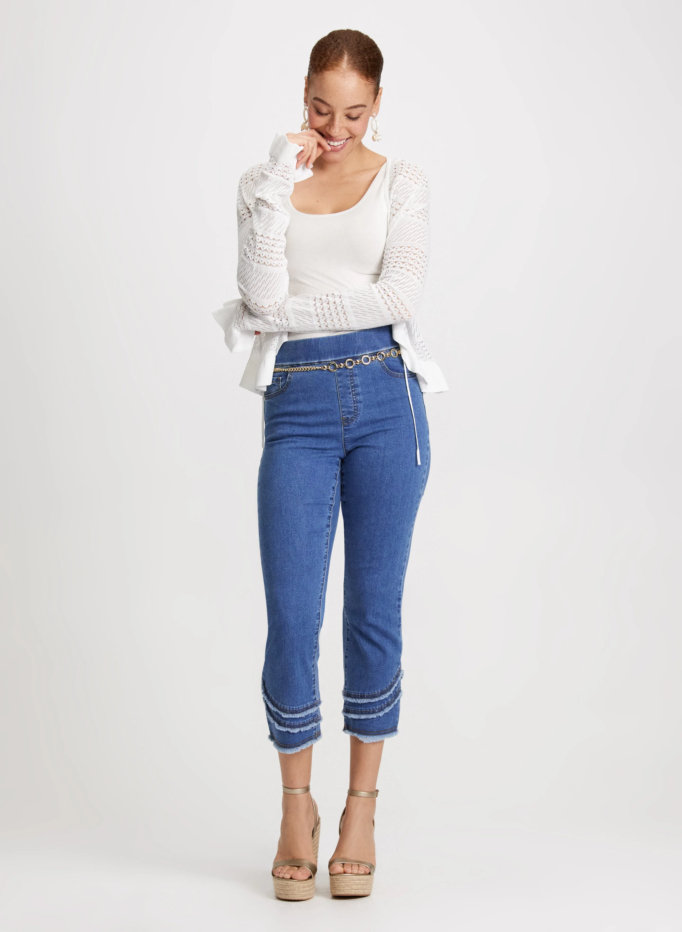Pointelle Cardigan & Pull-On Frayed Denim Capris sold by Laura