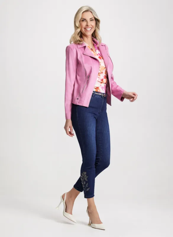 Zip Detail Jacket & Embellished-Hem Ankle Jeans sold by Laura
