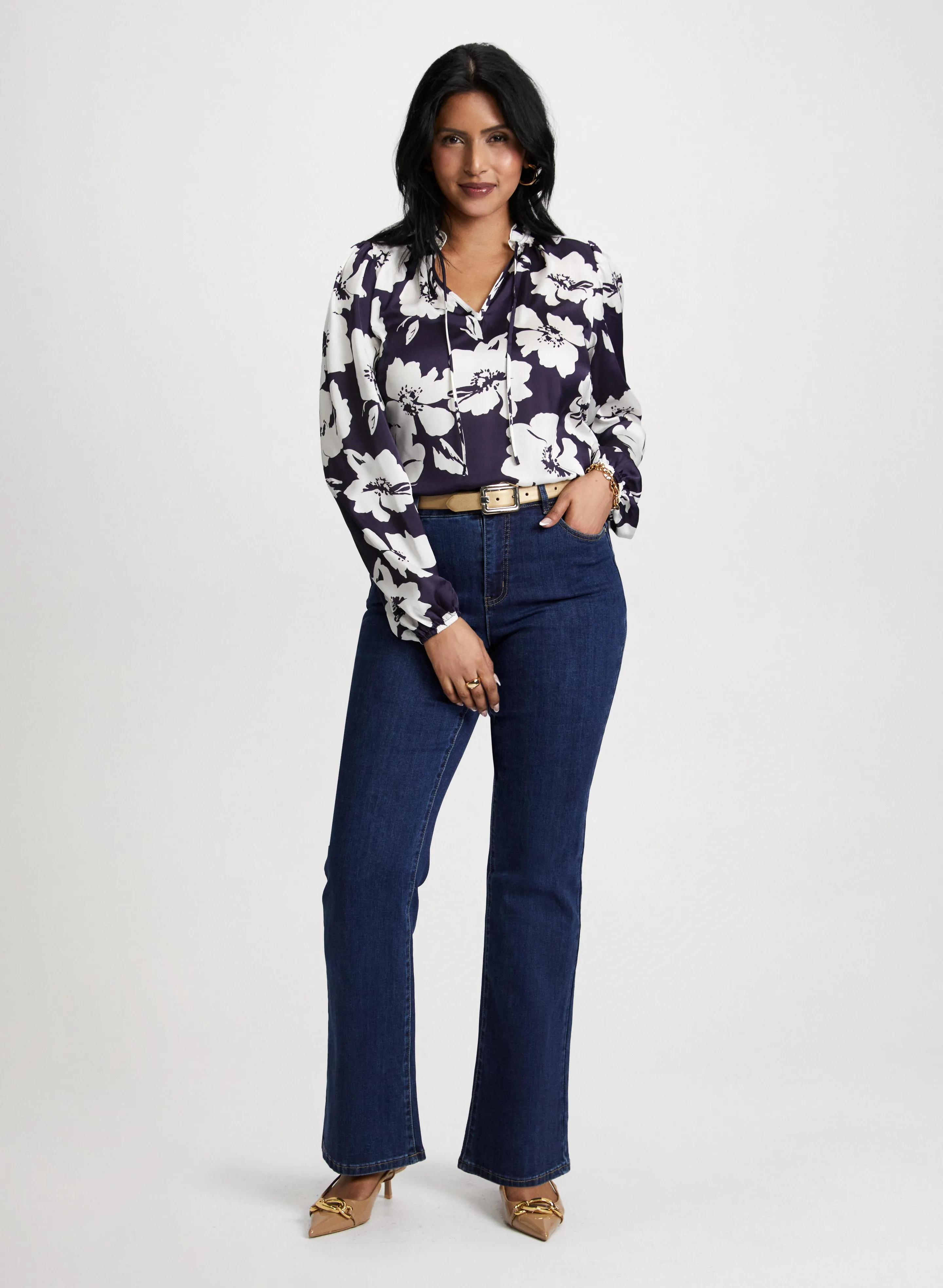 Ruffle Detail Satin Blouse & Bootcut Jeans sold by Laura