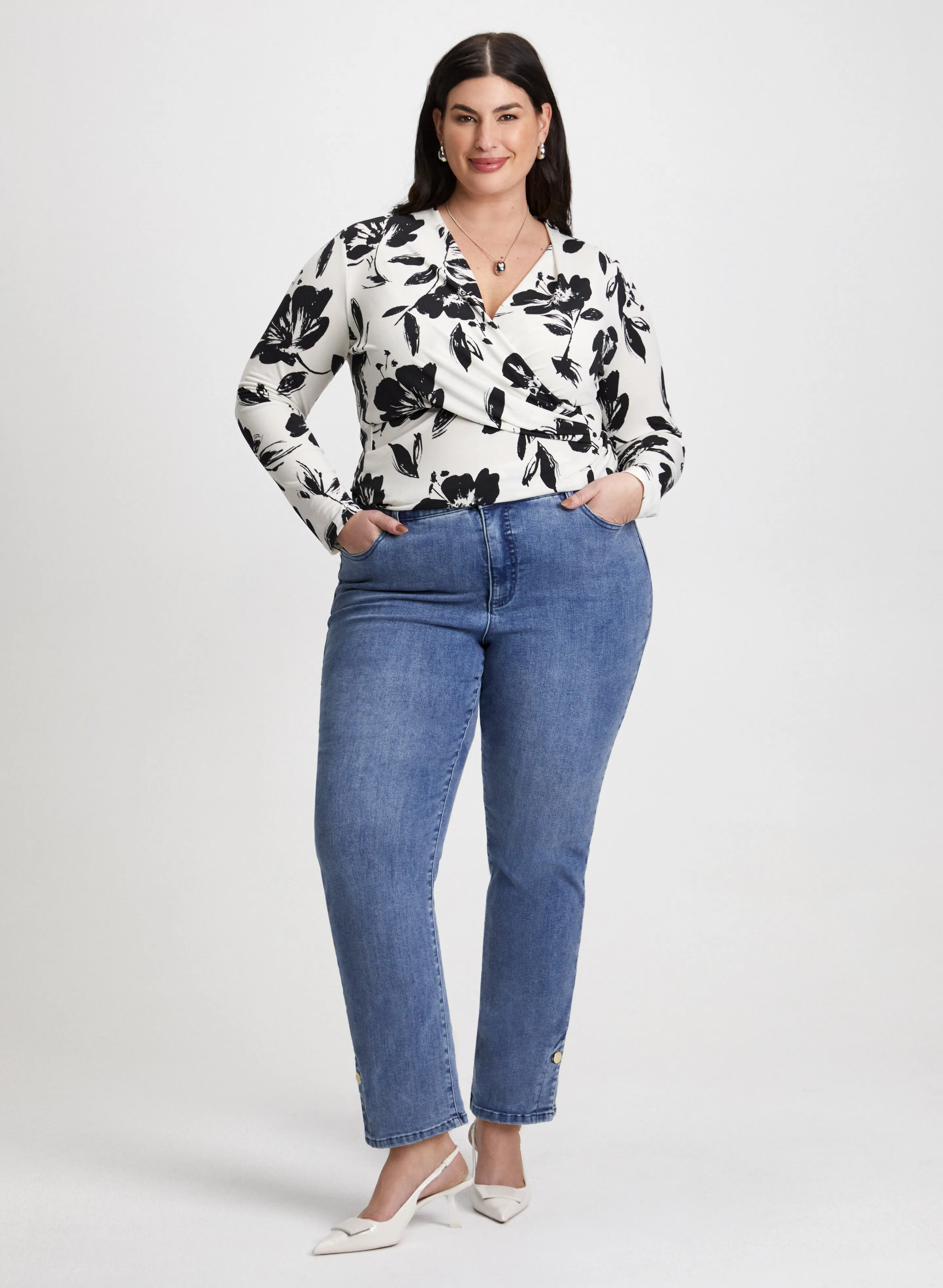 Wrap-Style Top & Straight Leg Jeans sold by Laura