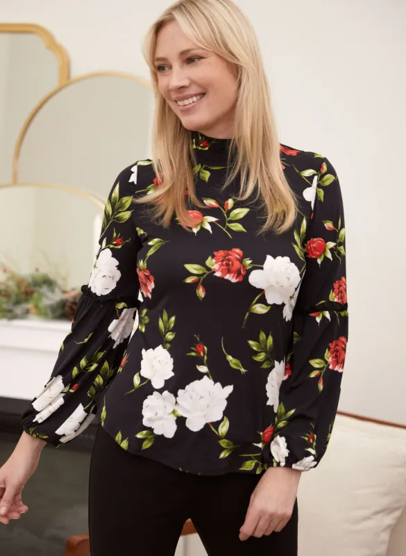 Mock Neck Rose Print Top sold by Laura