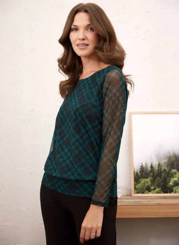 Plaid Print Mesh Sleeve Blouse sold by Laura