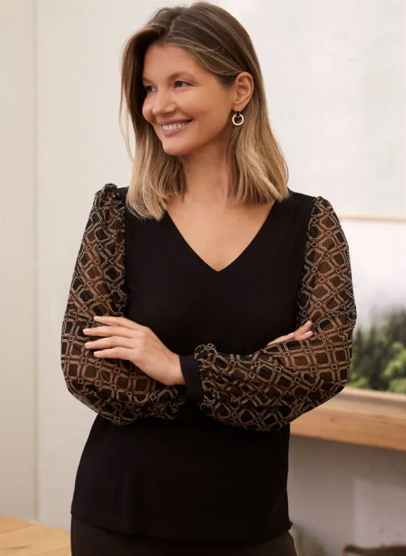 Geometric Print Balloon Sleeve Top sold by Laura