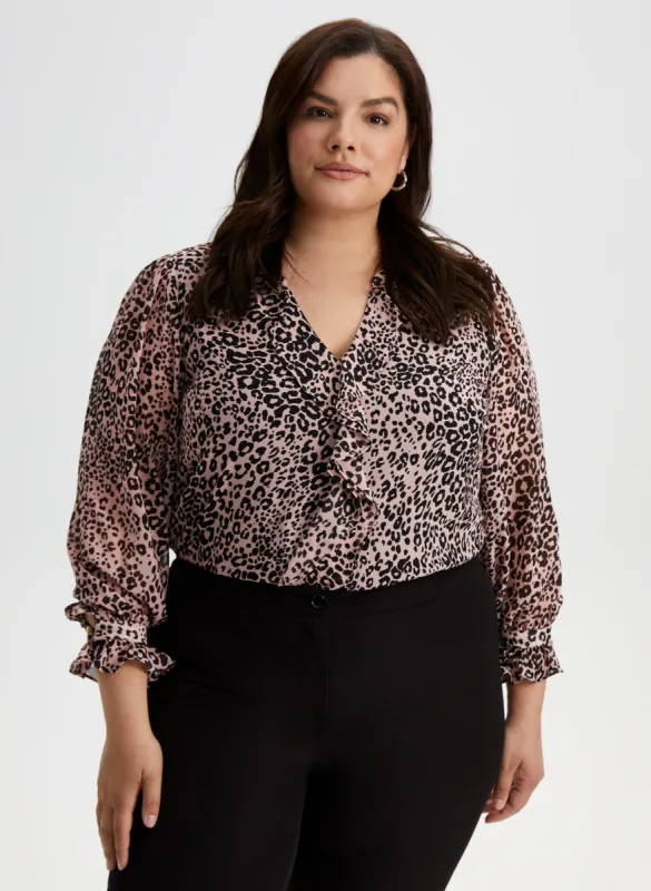 Leopard Print Ruffle Front Blouse sold by Laura