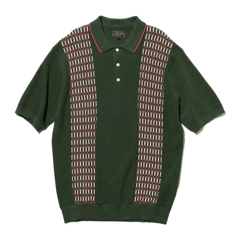 Knit Polo Front Stripe Jacquard Shirt made by BEAMS PLUS
