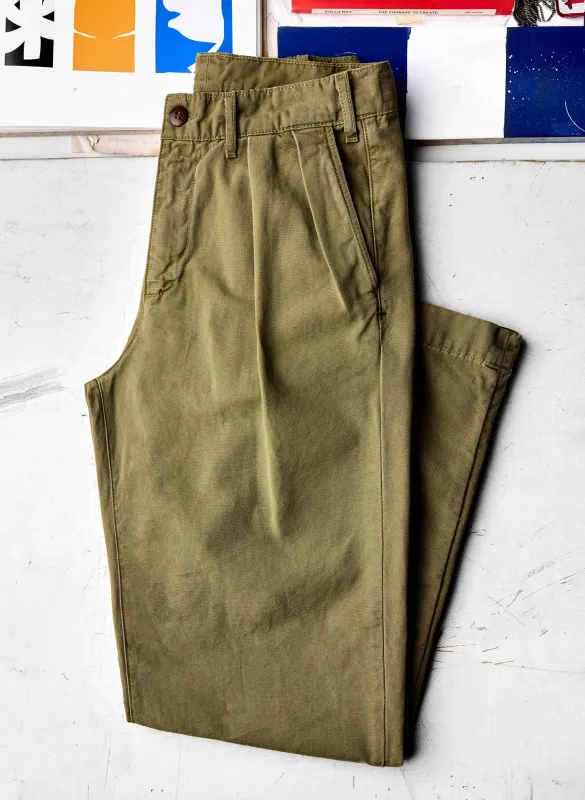 campbell pleated chino in field tan sold by Imogene + Willie
