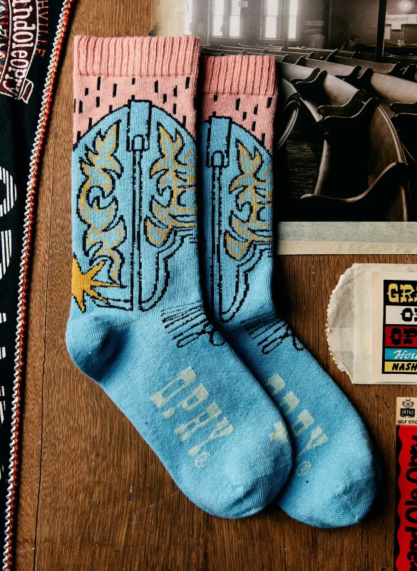 the i+w x opry "boot" sock in blue sold by Imogene + Willie