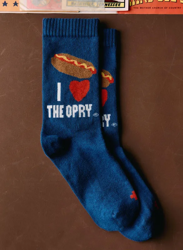 the i+w x opry "hot dog" sock sold by Imogene + Willie