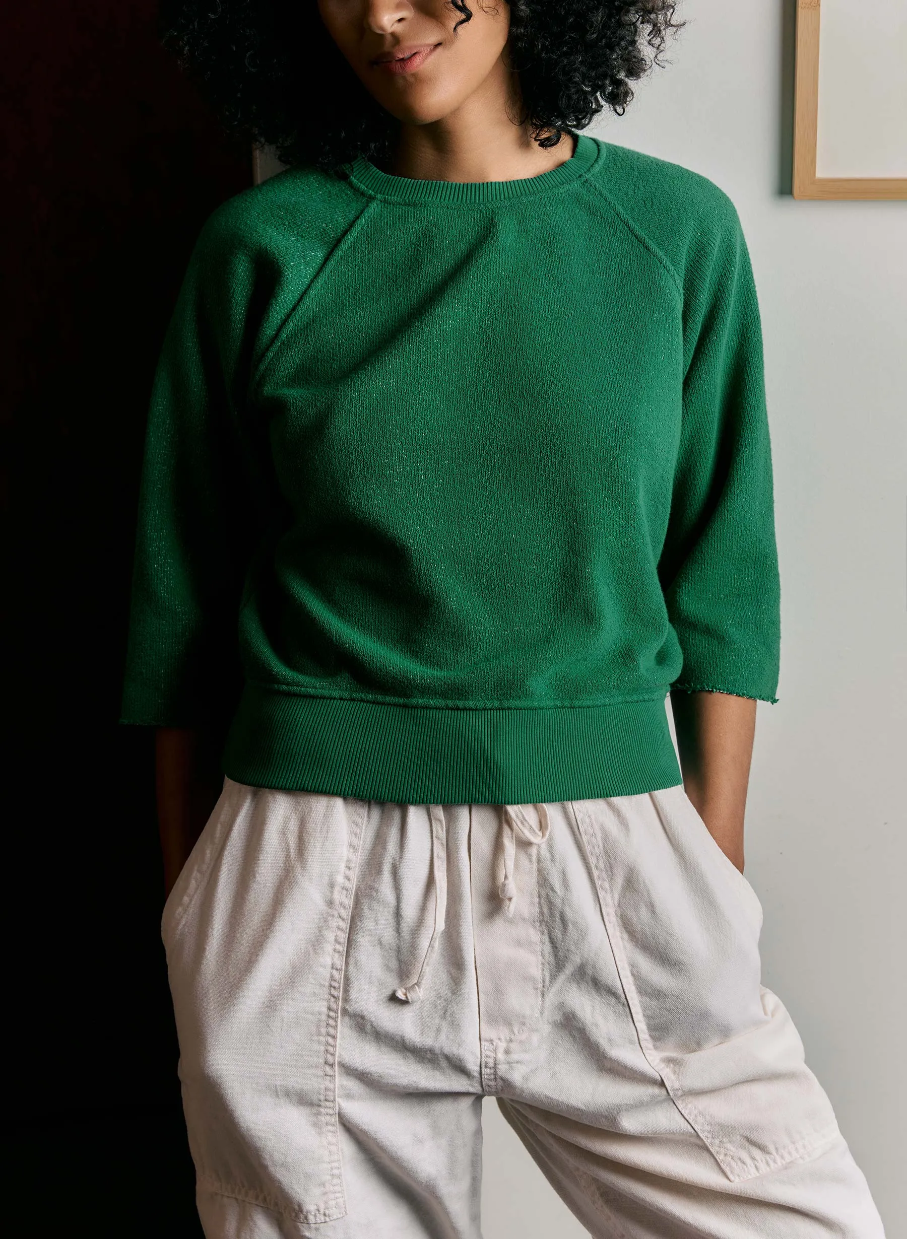 the cut sleeve sweatshirt in fern sold by Imogene + Willie