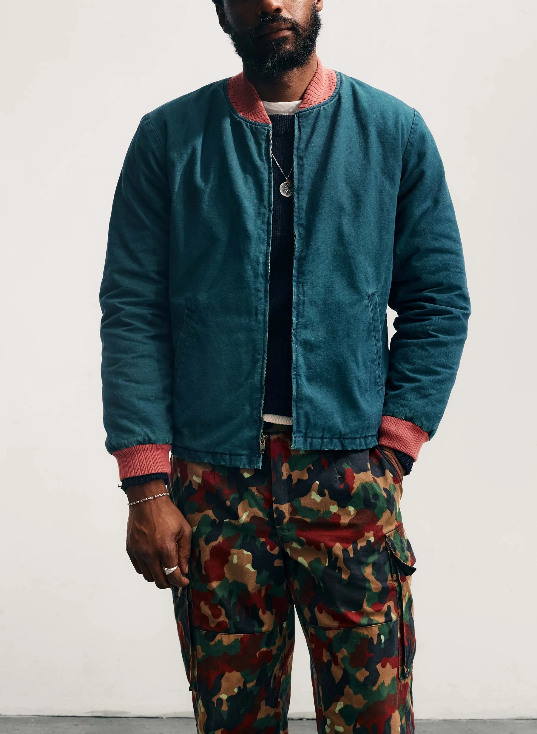 quilt lined bomber in juniper sold by Imogene + Willie