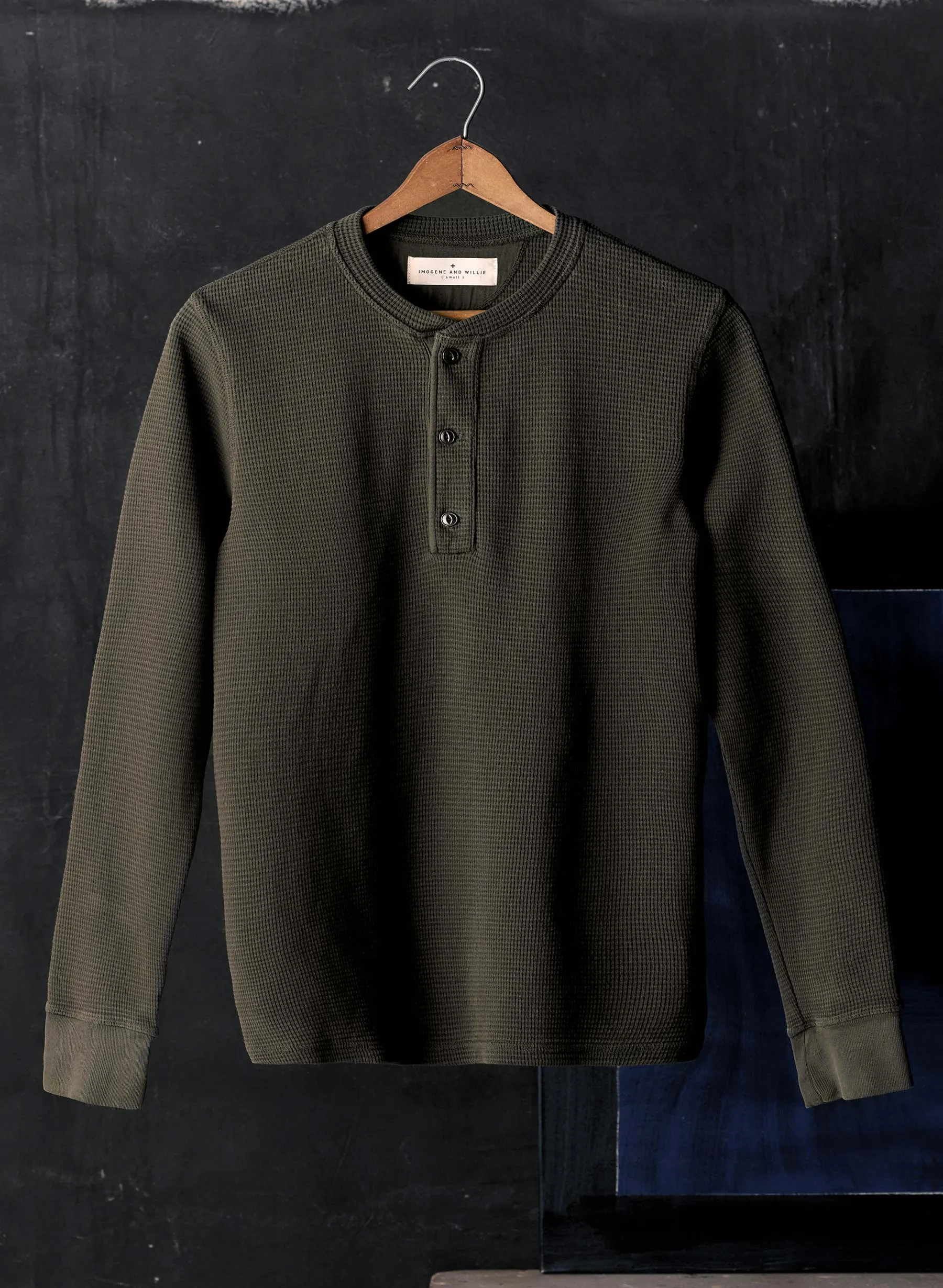 the knit waffle henley in forest sold by Imogene + Willie